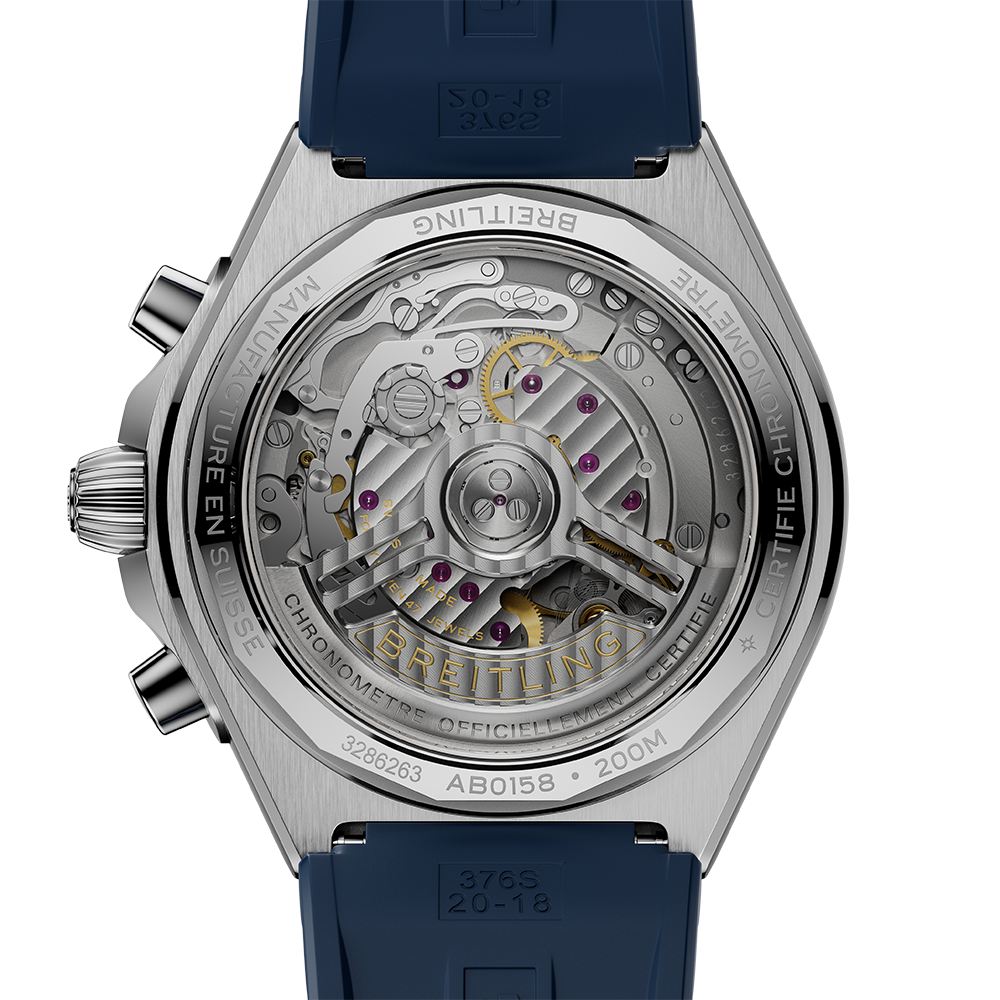 Breitling AB0158101C1S Chronomat B01 42 blå med gummiband baksida