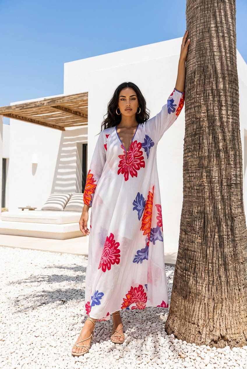 Big Flower Long Dress - White - Place Du Soleil