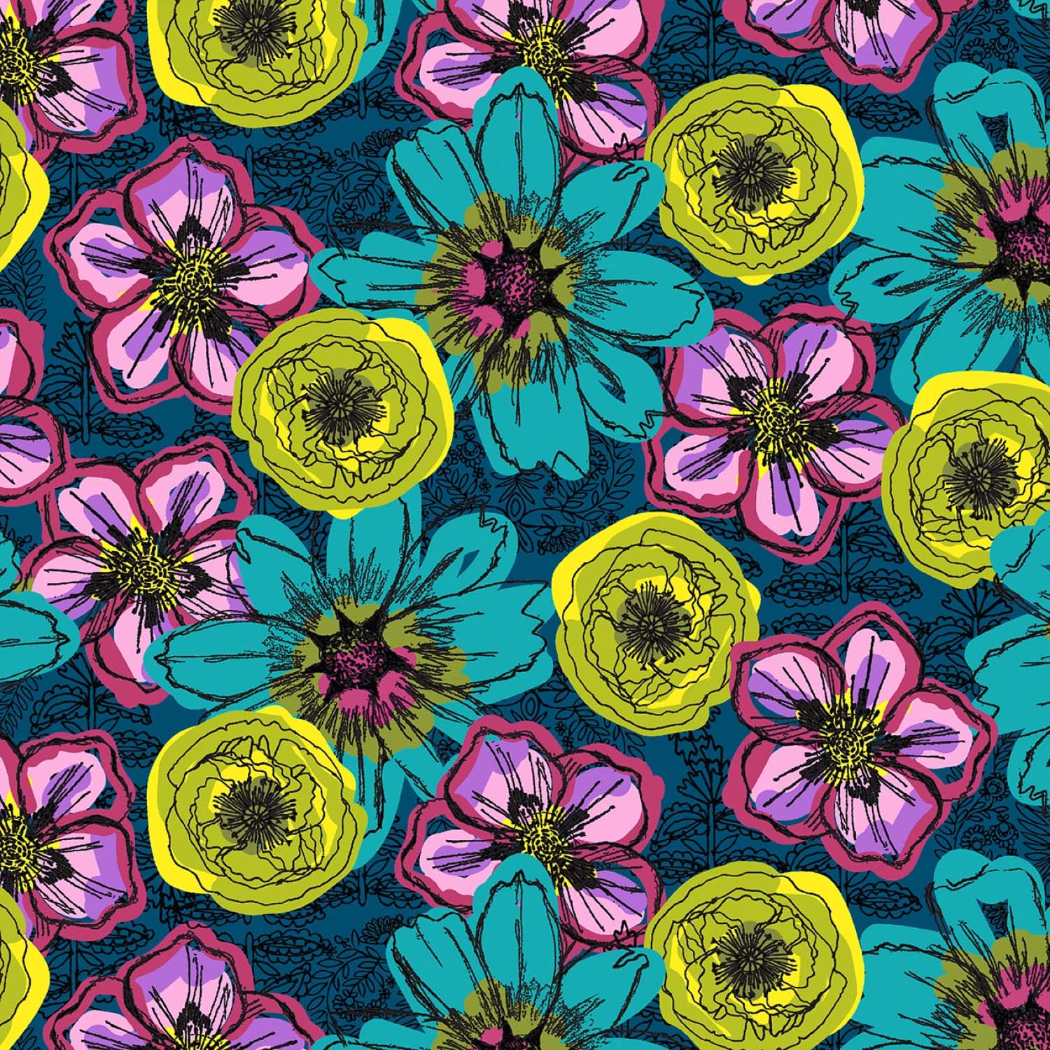 Tyg: Teal Flower Fields - Winding Roads