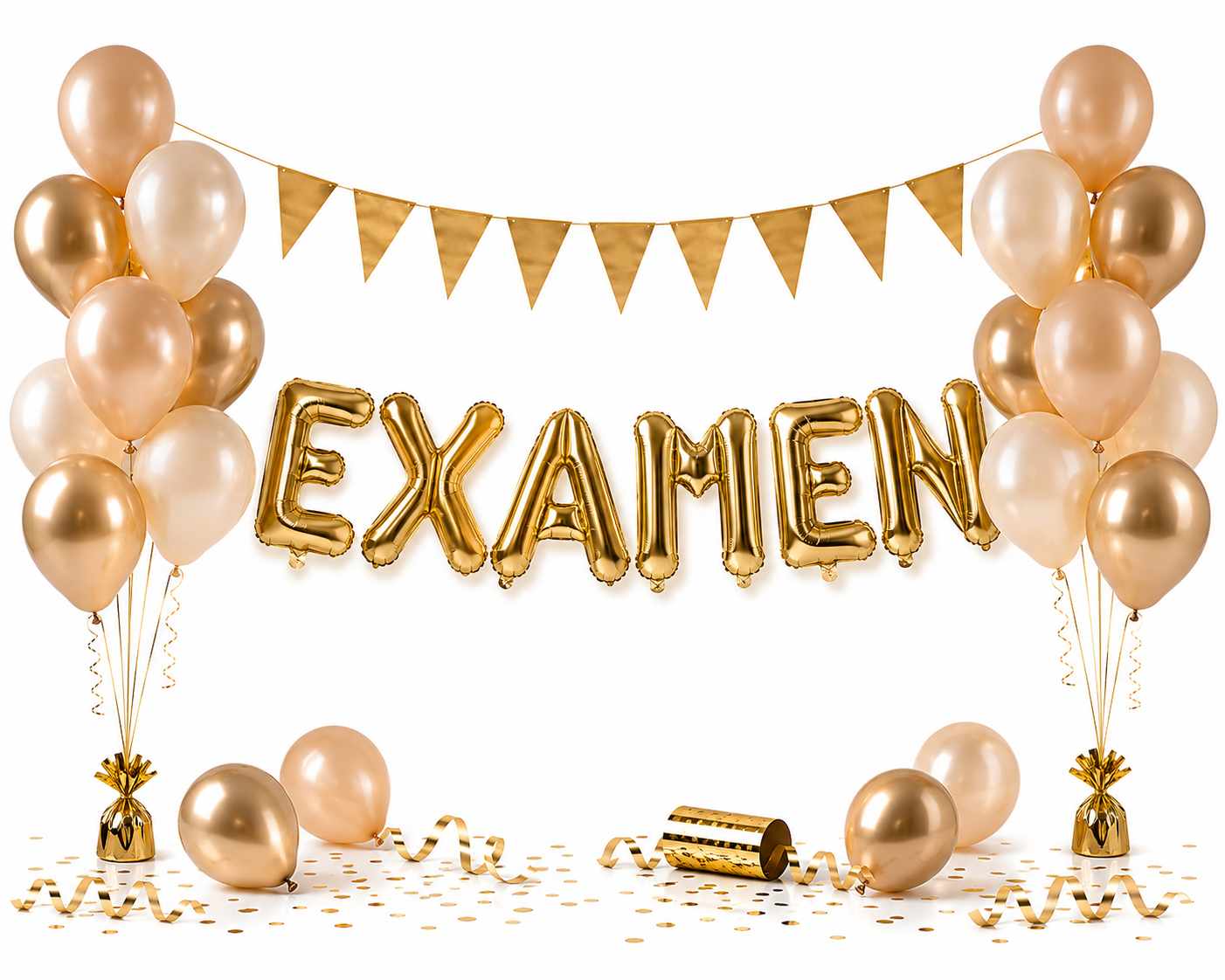 Examen paket i beige och guld med ballonger och examensdekorationer