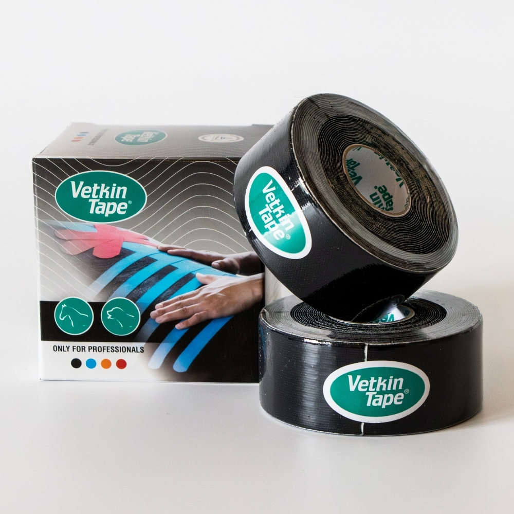 VetkinTape equine kinesiologietape 3 cm x 5 m zwart, 2 rollen en retailverpakking, voor spierondersteuning en revalidatie van paarden