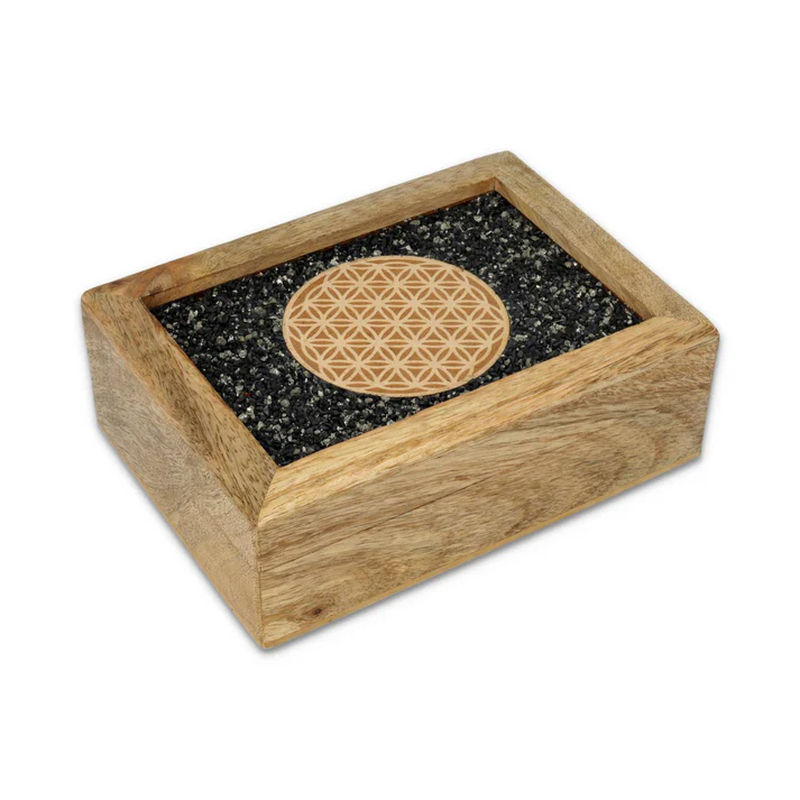 Tarot- eller smyckesask mangoträd med Livets blomma, turmalin och pyrit