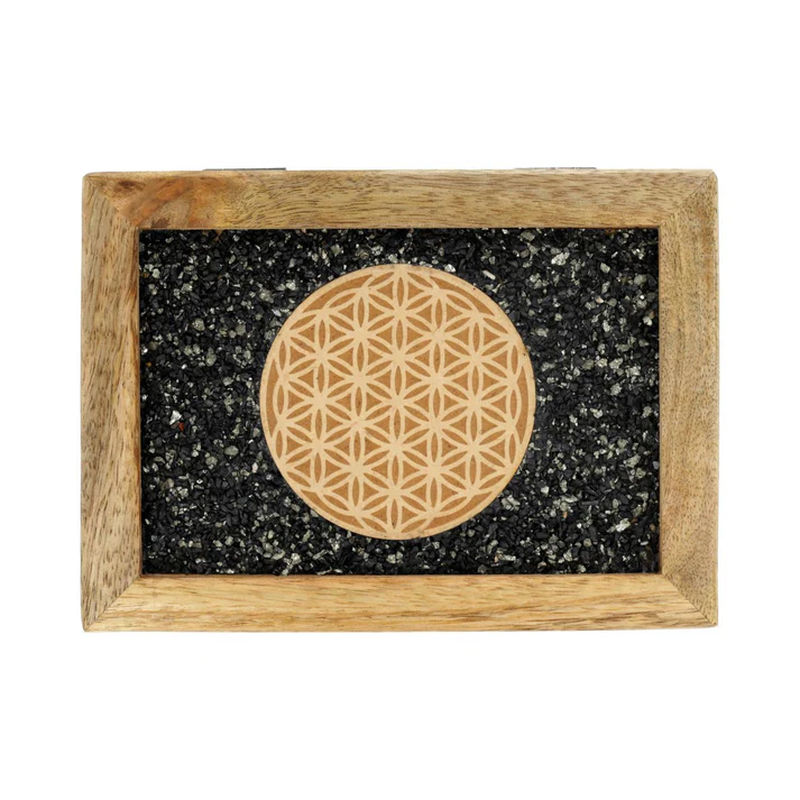 Tarot- eller smyckesask mangoträd med Livets blomma, turmalin och pyrit - 3