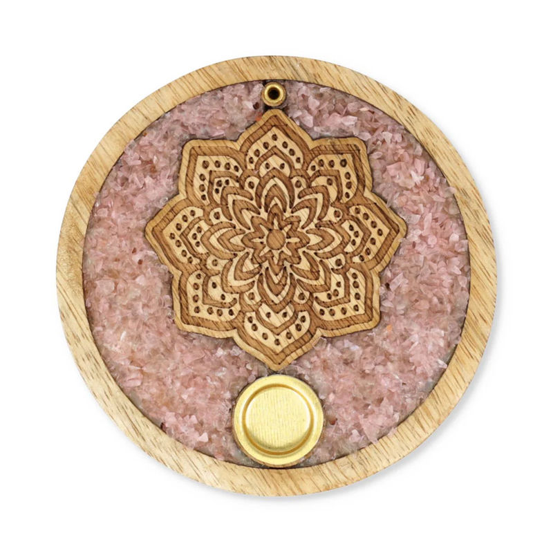 Rund rökelsehållare i mangoträd, med Mandala och rosenkvarts - 2