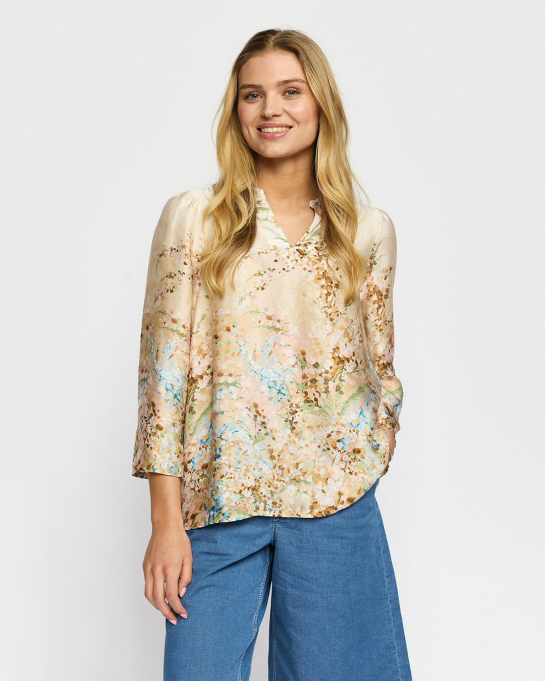 Blus Helle mönstrad beige/ljusblå/grön