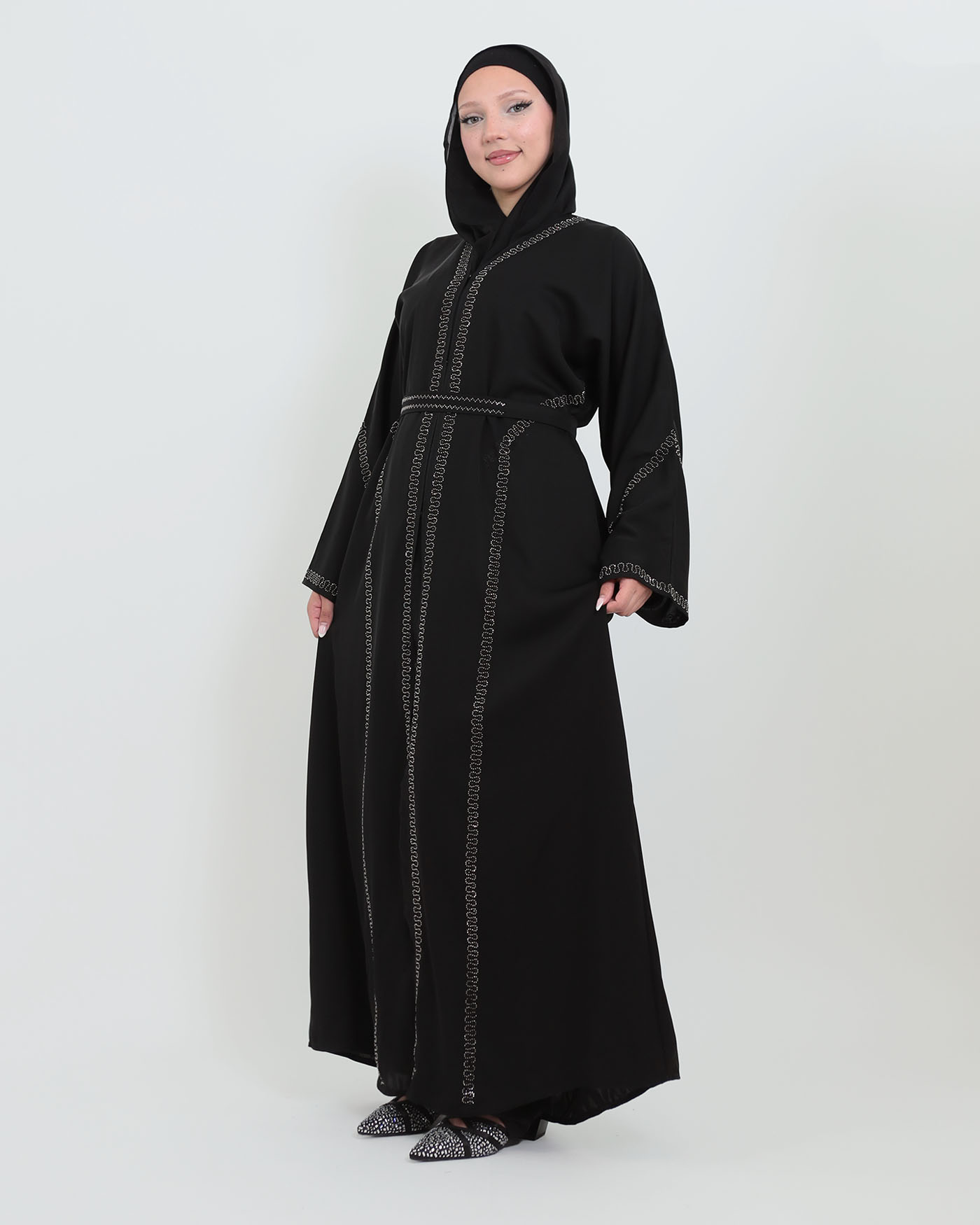 Decorated Abaya in Nida fabric with Hijab - Black - 4