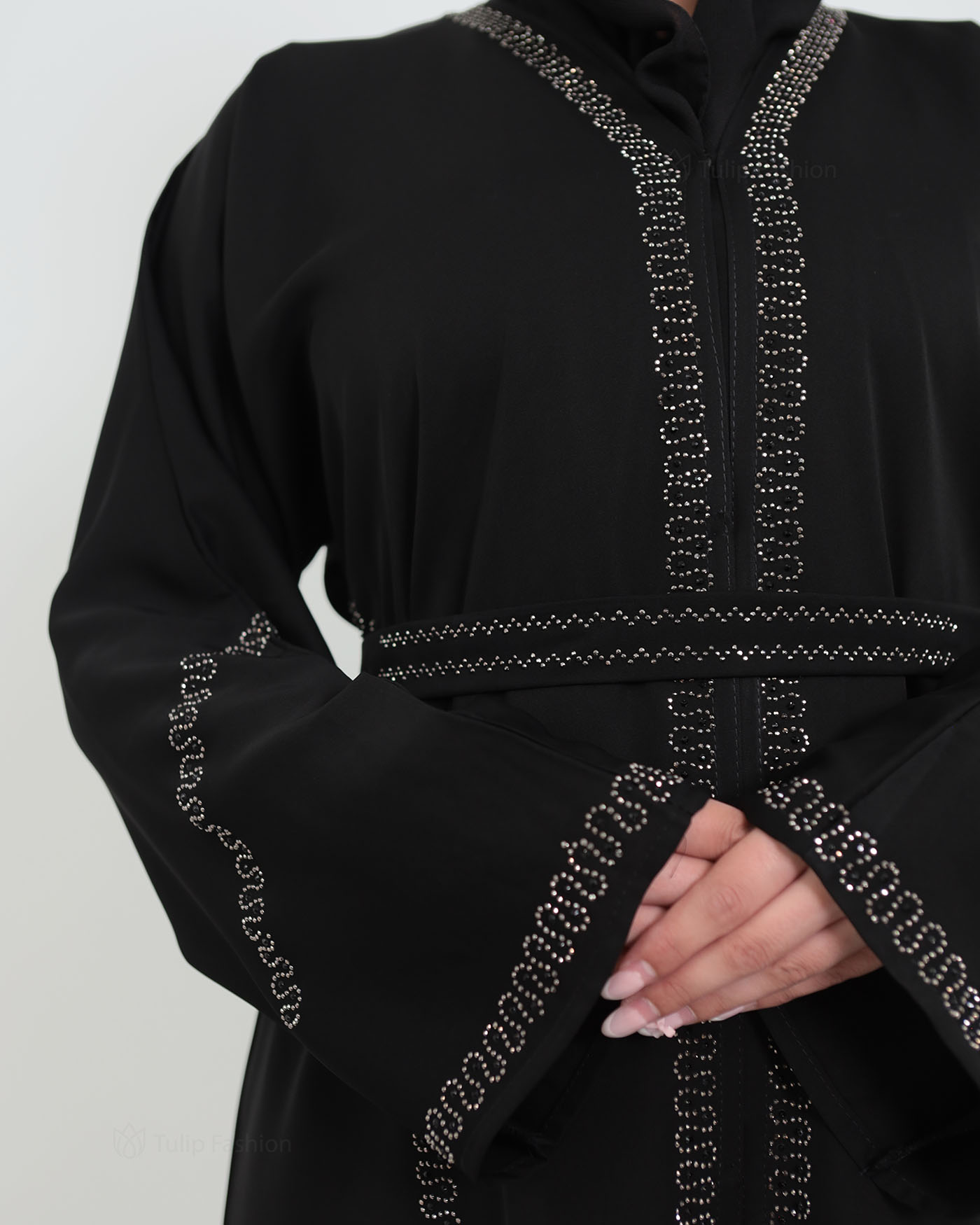 Decorated Abaya in Nida fabric with Hijab - Black - 7