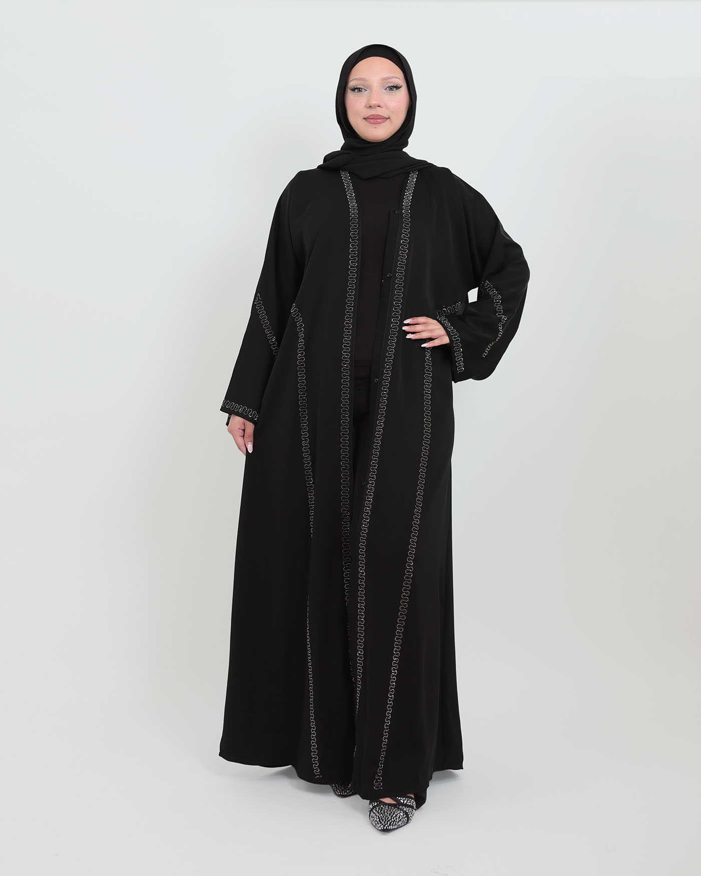 Decorated Abaya in Nida fabric with Hijab - Black - 10