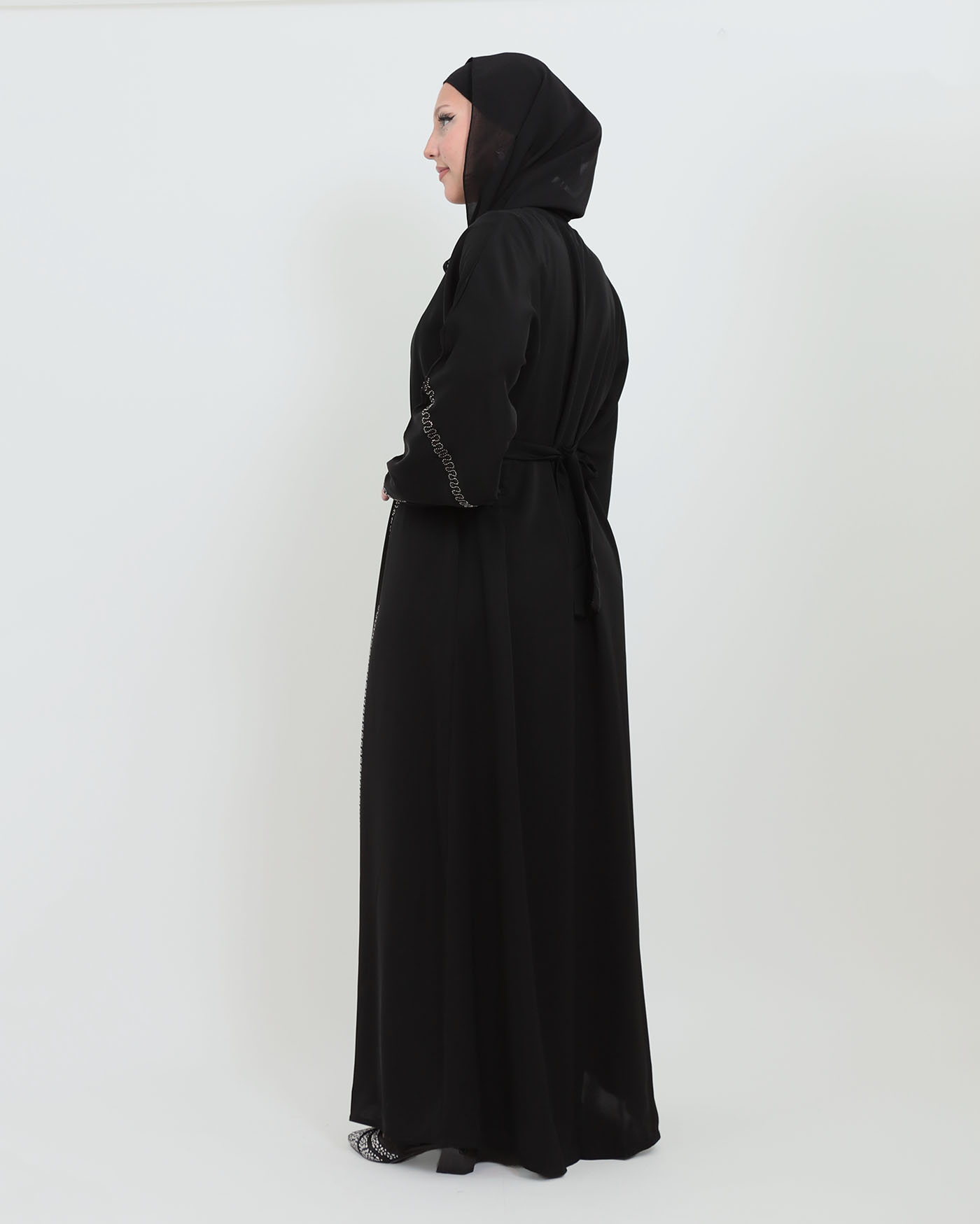 Decorated Abaya in Nida fabric with Hijab - Black - 5