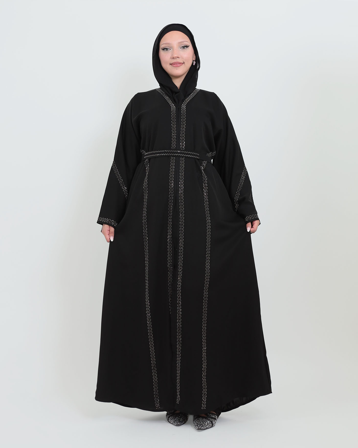 Decorated Abaya in Nida fabric with Hijab - Black - 3