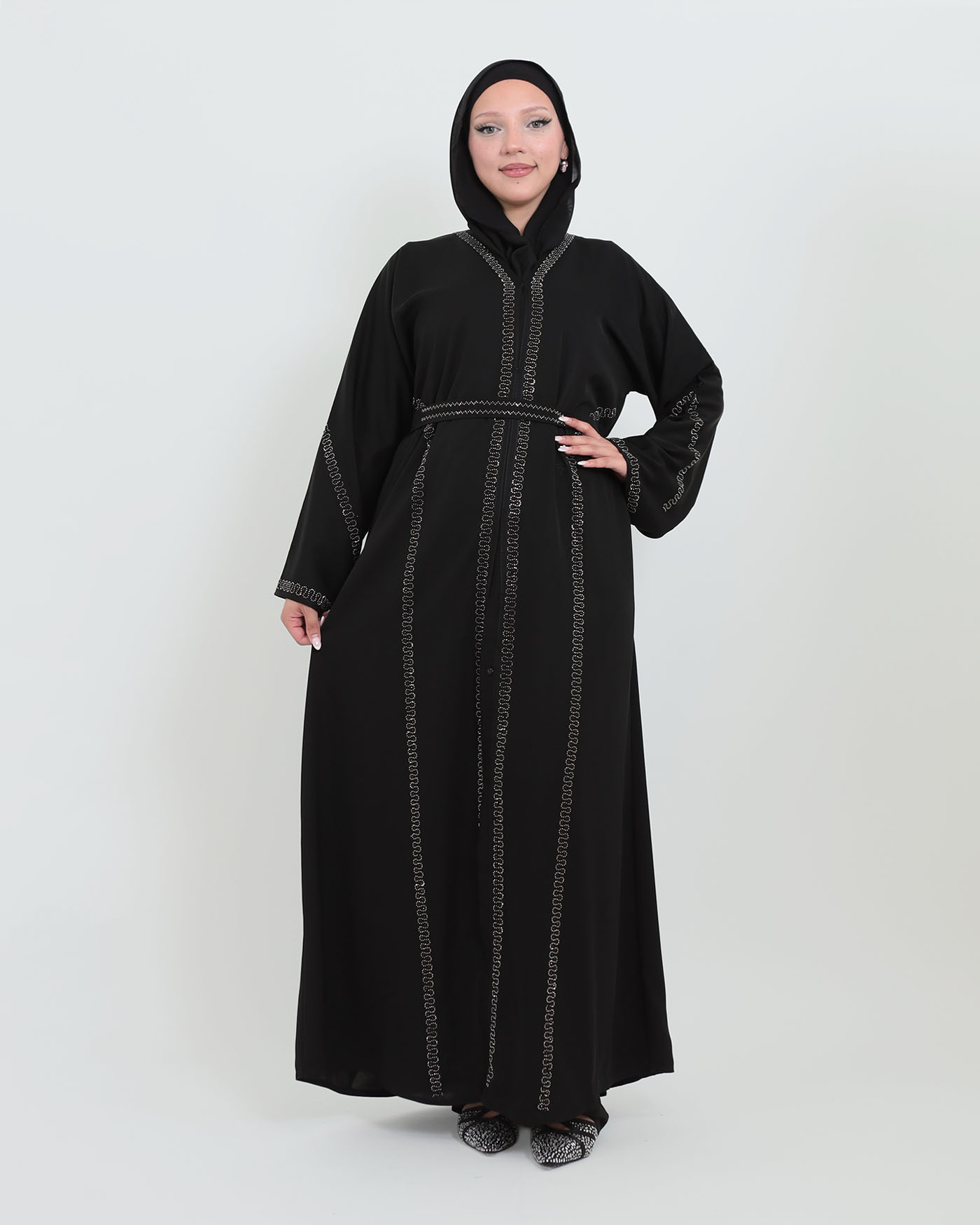 Decorated Abaya in Nida fabric with Hijab - Black - 2