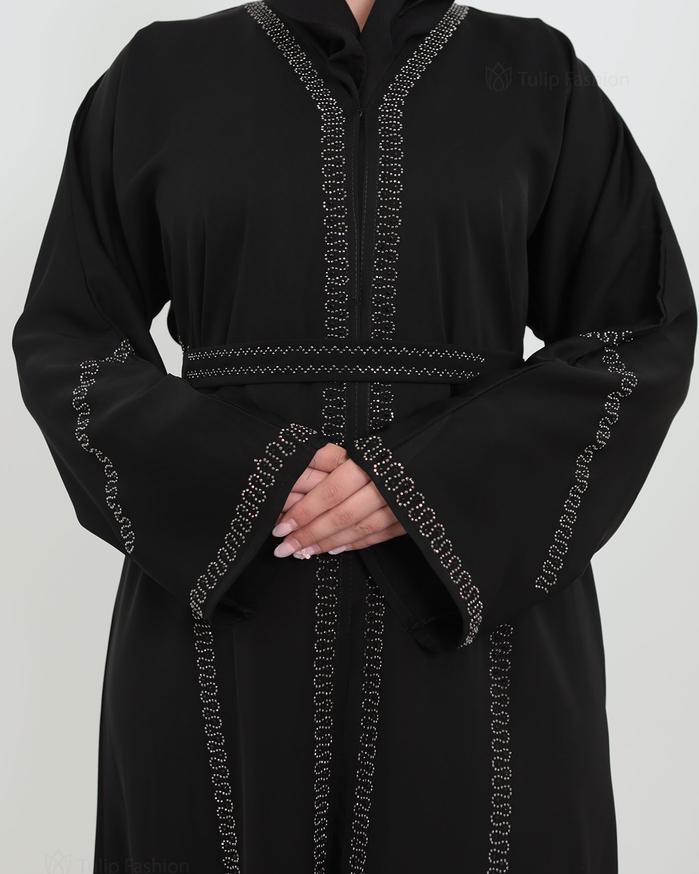 Decorated Abaya in Nida fabric with Hijab - Black - 6
