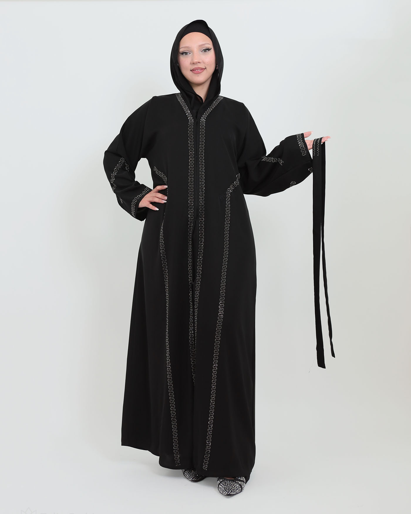 Decorated Abaya in Nida fabric with Hijab - Black - 11