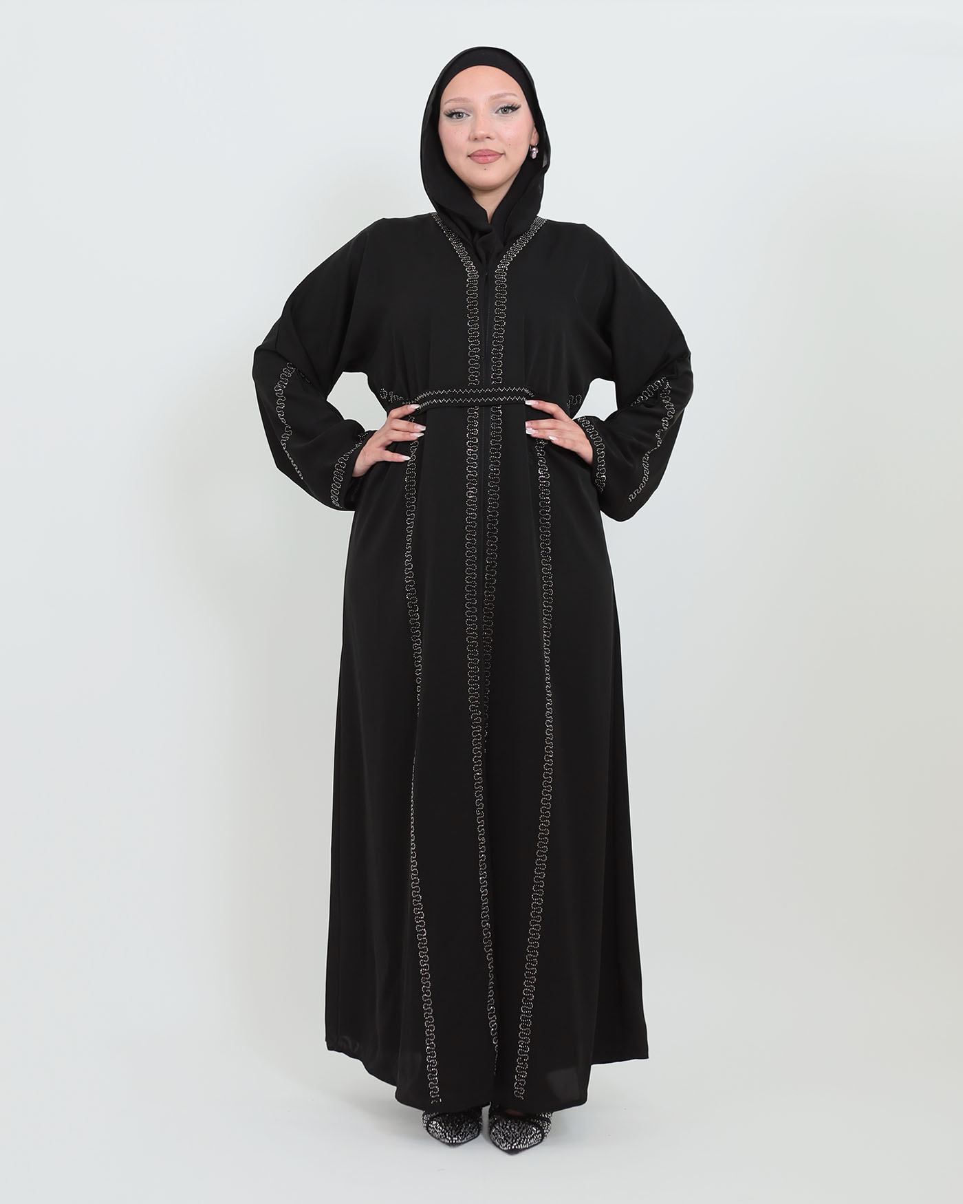 Decorated Abaya in Nida fabric with Hijab - Black - 12