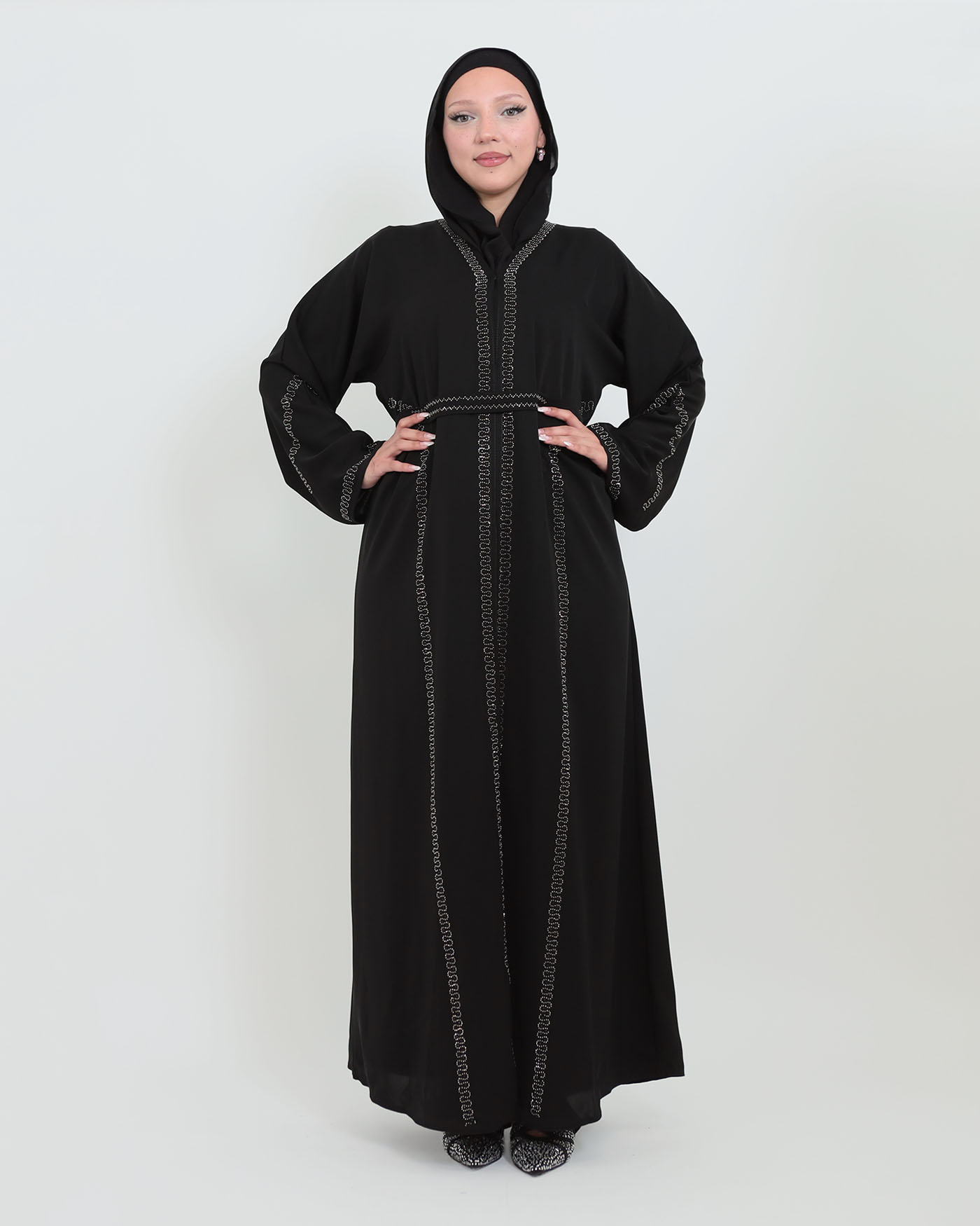 Decorated Abaya in Nida fabric with Hijab - Black - 13