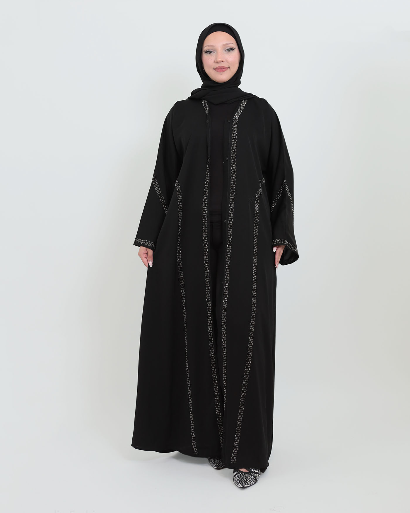 Decorated Abaya in Nida fabric with Hijab - Black - 9