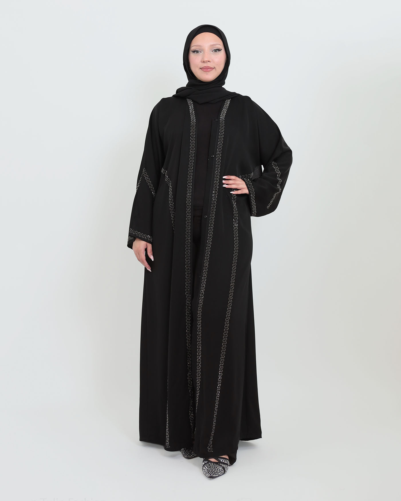 Decorated Abaya in Nida fabric with Hijab - Black - 8