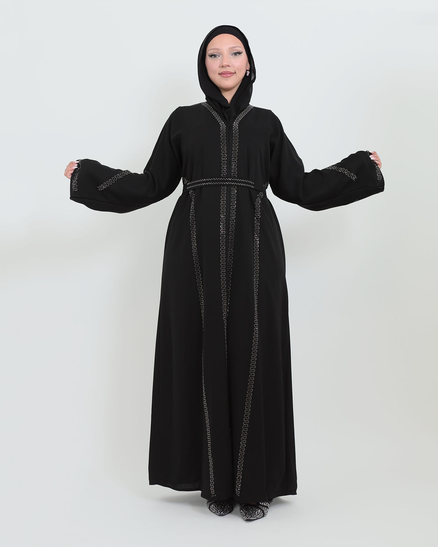 Decorated Abaya in Nida fabric with Hijab - Black