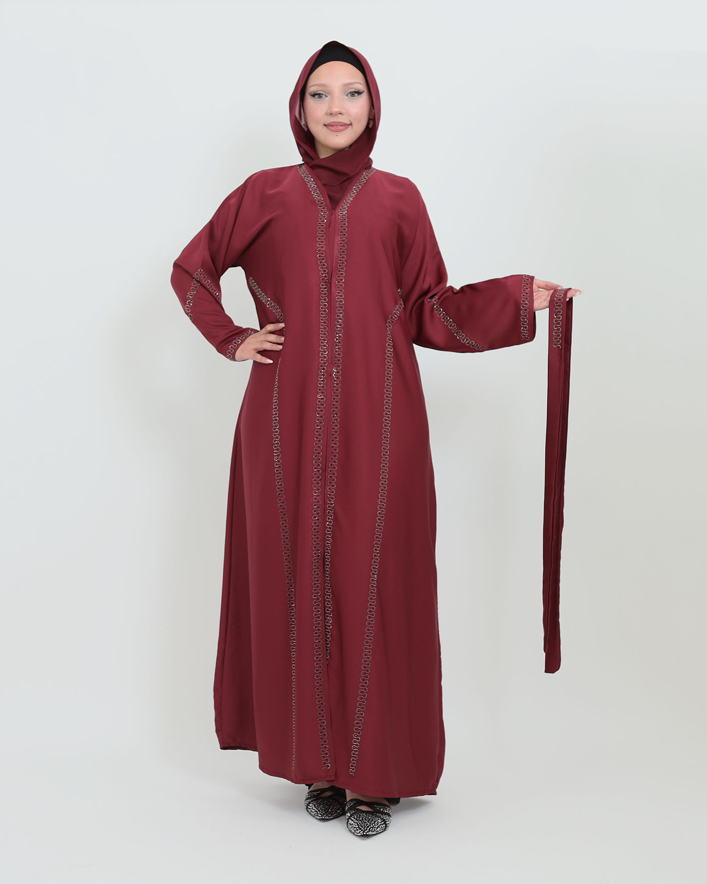 Decorated Abaya in Nida fabric with Hijab - Wine Red - 9