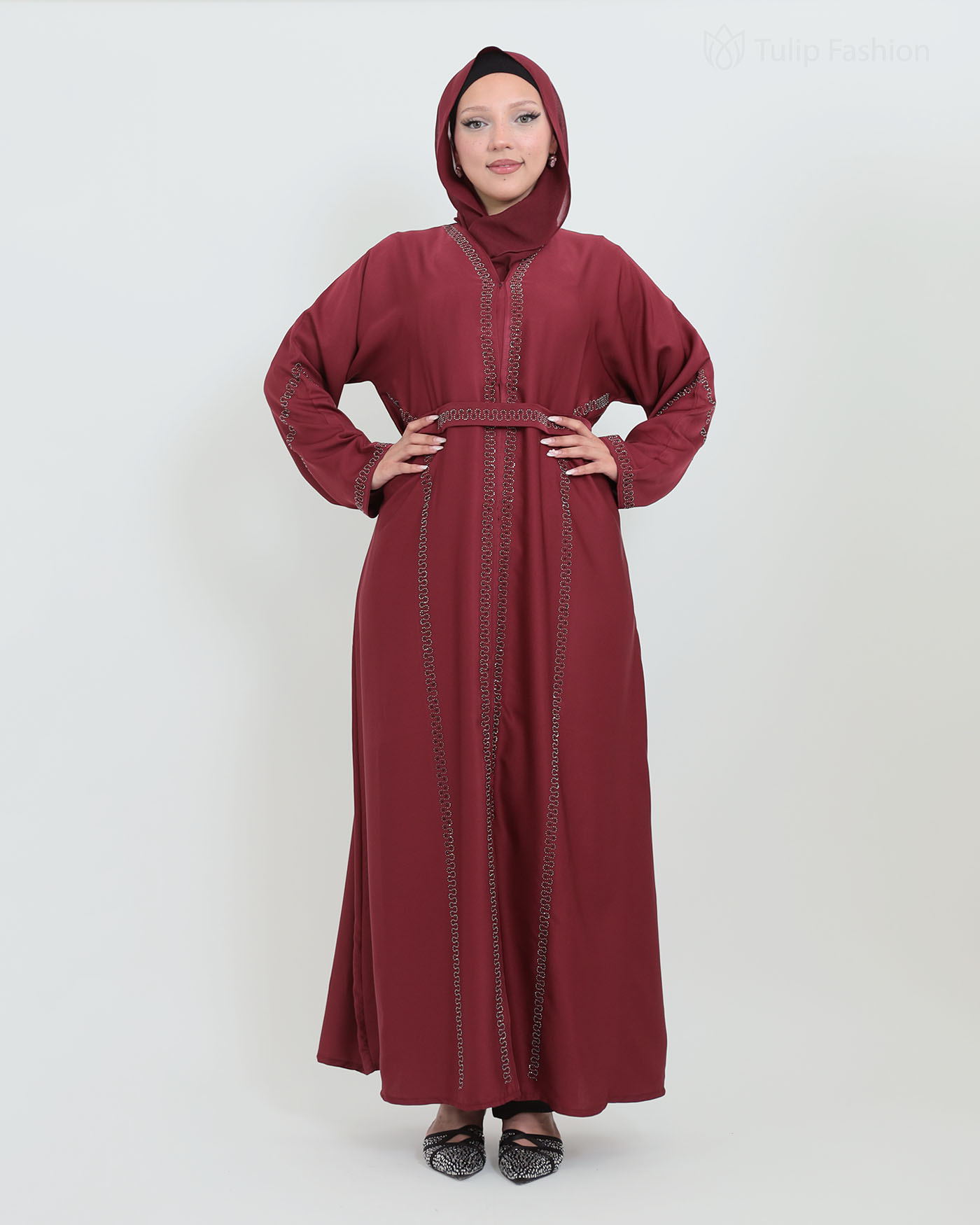 Decorated Abaya in Nida fabric with Hijab - Wine Red - 10