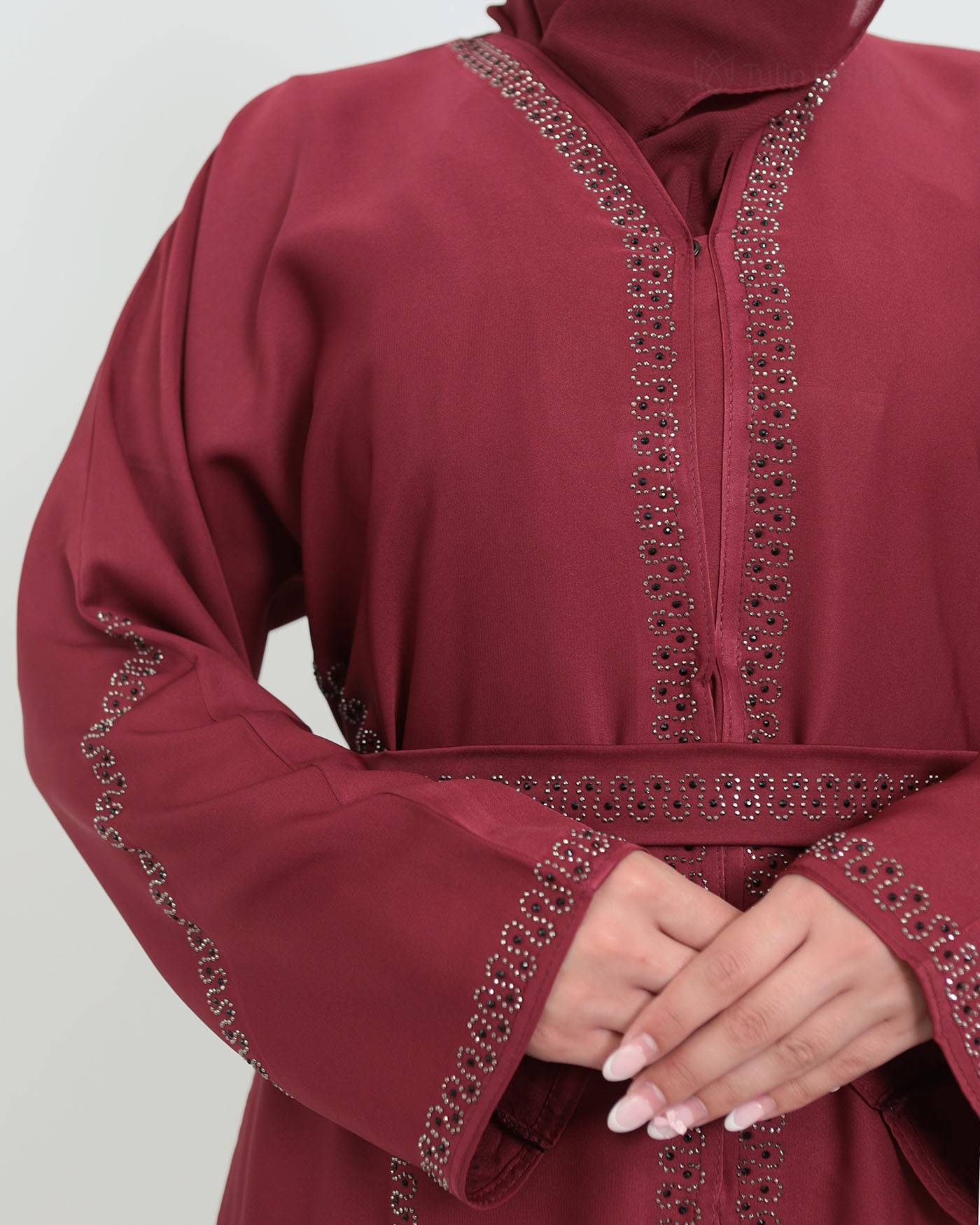 Decorated Abaya in Nida fabric with Hijab - Wine Red - 6