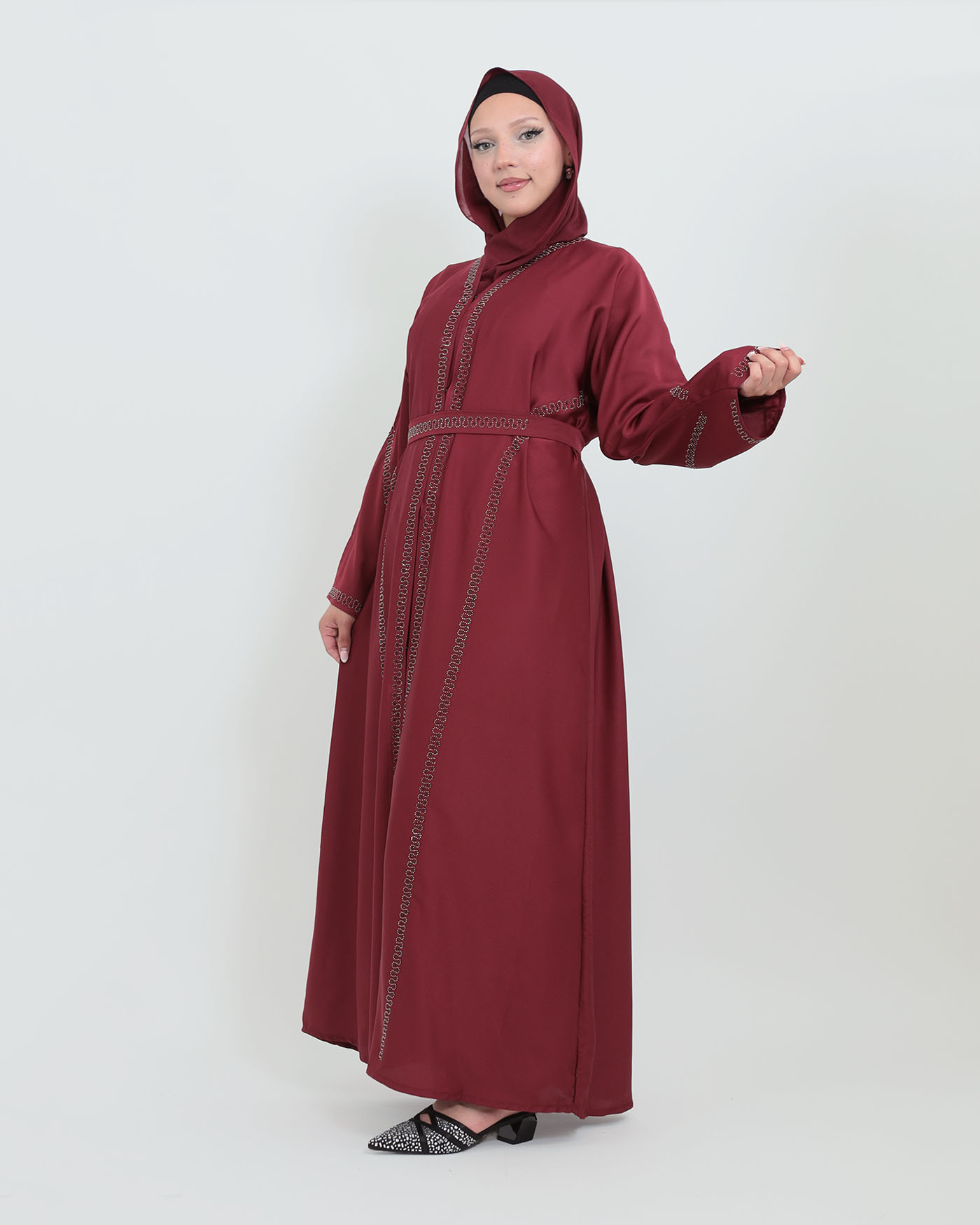 Decorated Abaya in Nida fabric with Hijab - Wine Red - 3