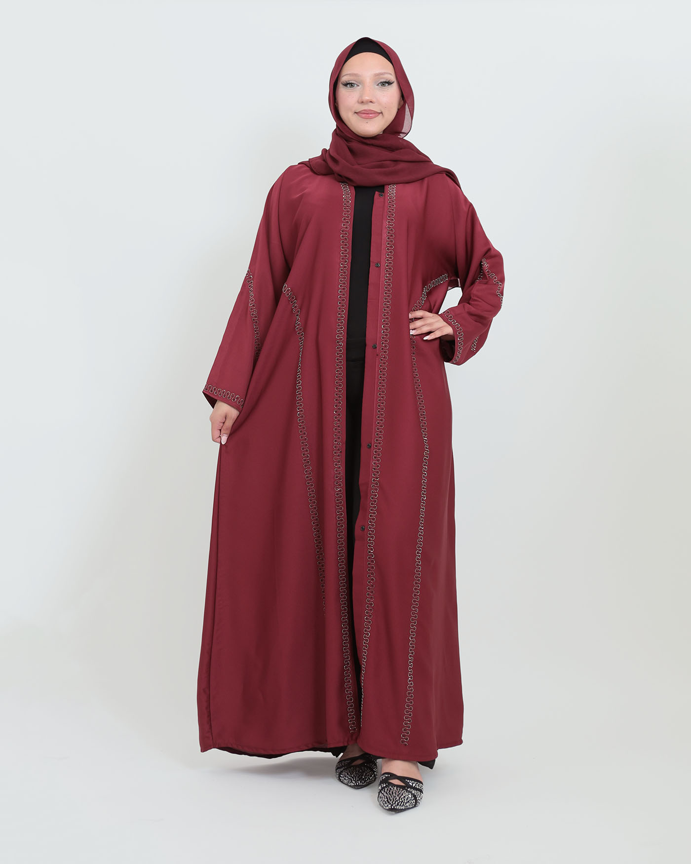Decorated Abaya in Nida fabric with Hijab - Wine Red - 8