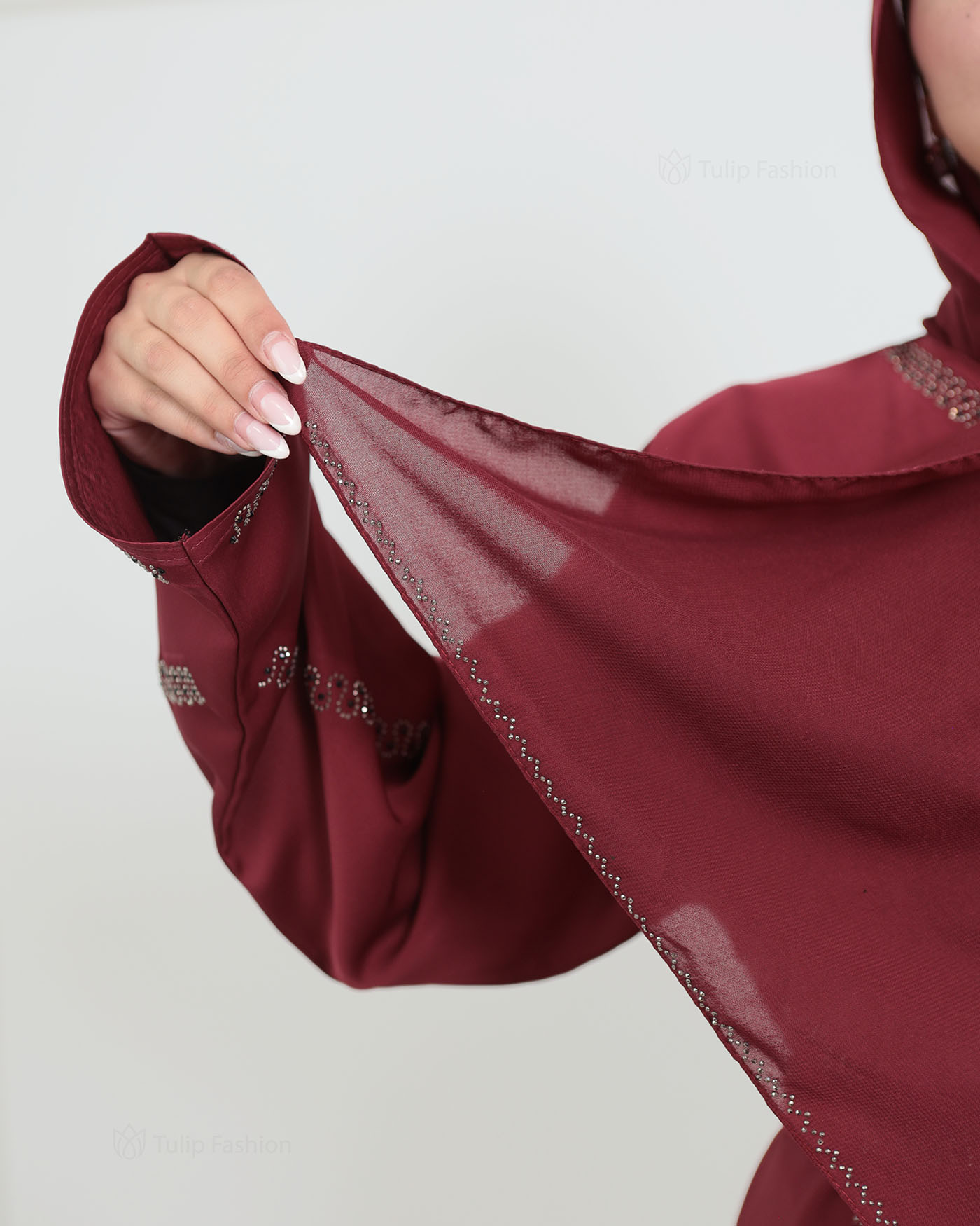 Decorated Abaya in Nida fabric with Hijab - Wine Red - 7