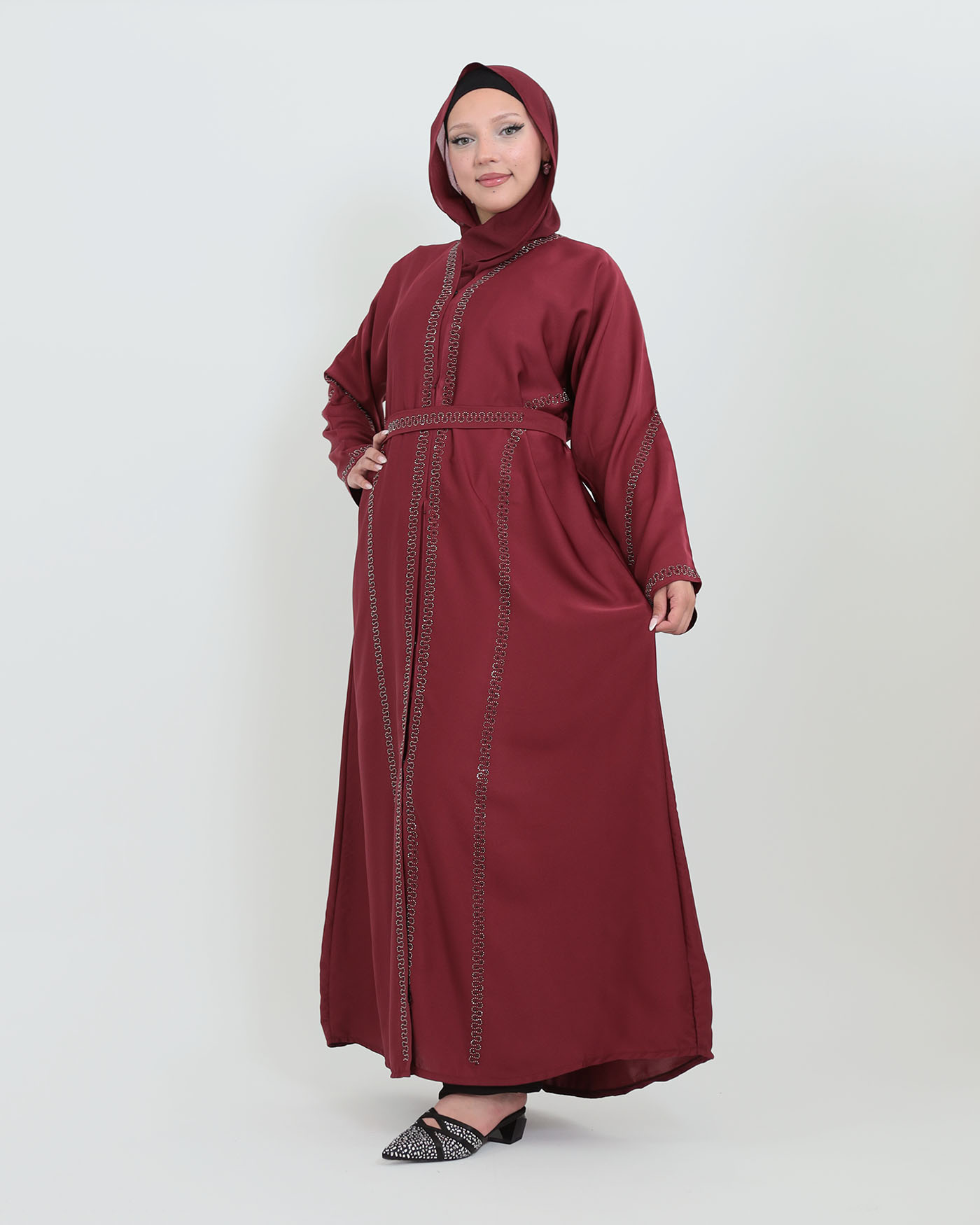 Decorated Abaya in Nida fabric with Hijab - Wine Red - 4