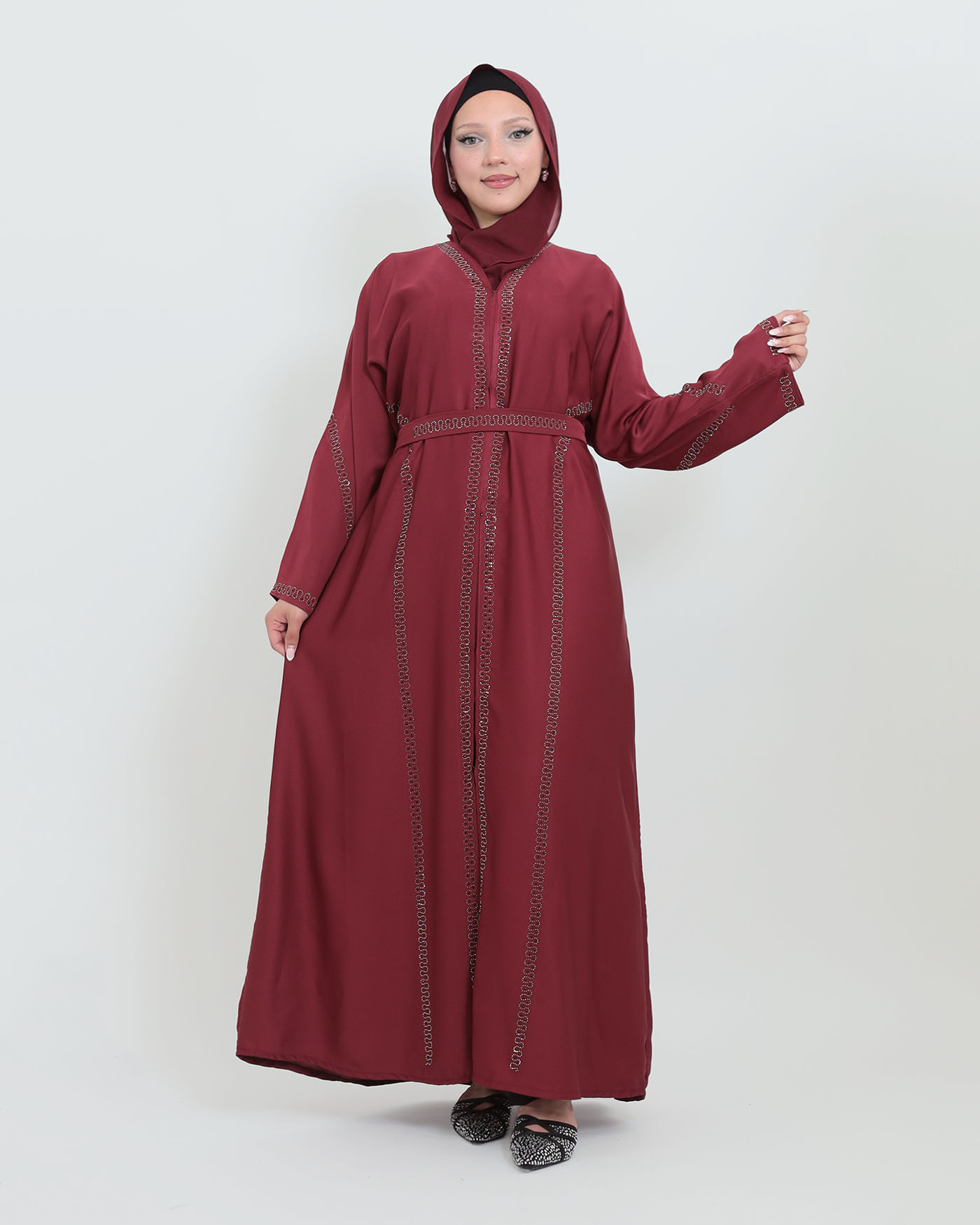 Decorated Abaya in Nida fabric with Hijab - Wine Red - 2
