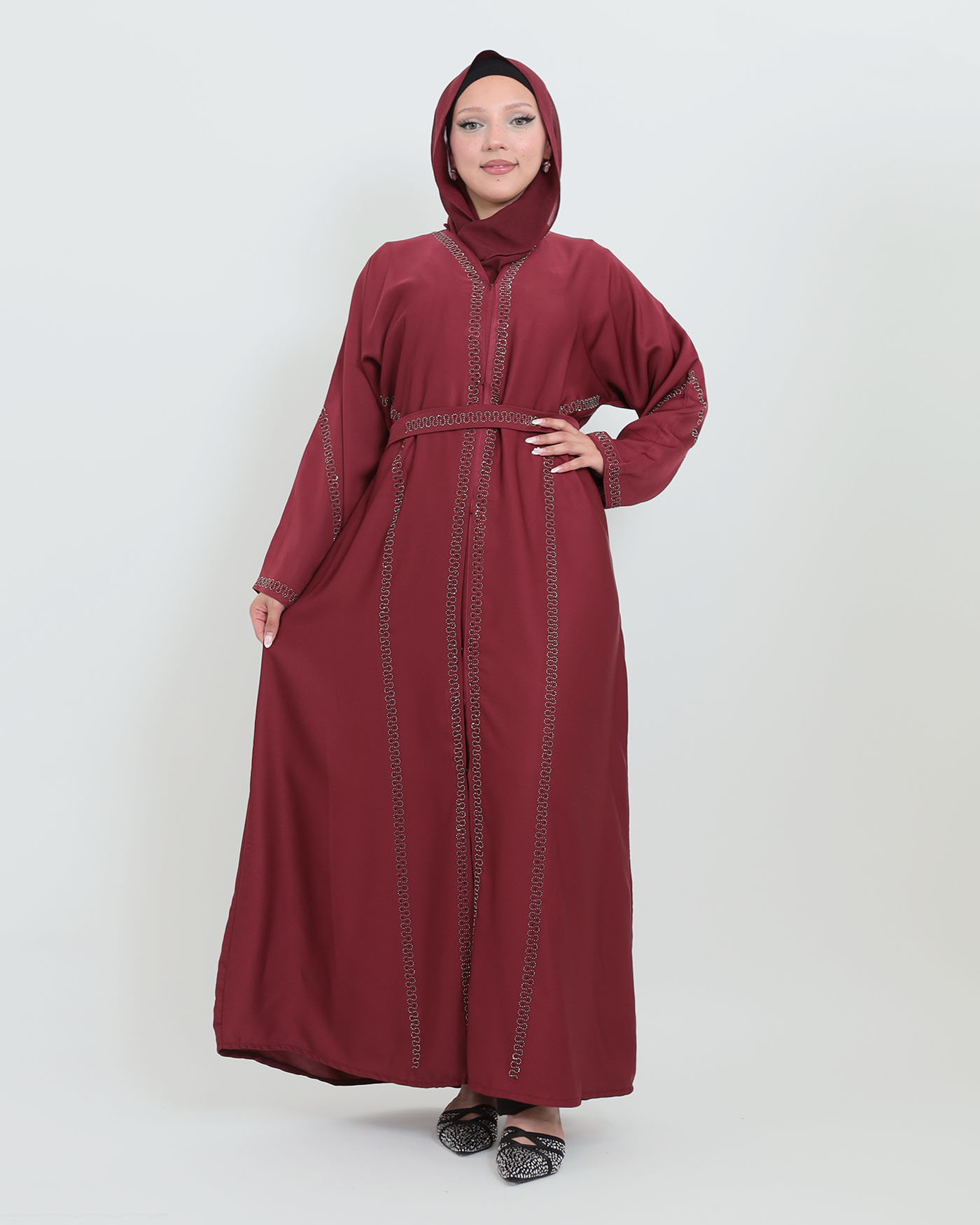 Decorated Abaya in Nida fabric with Hijab - Wine Red