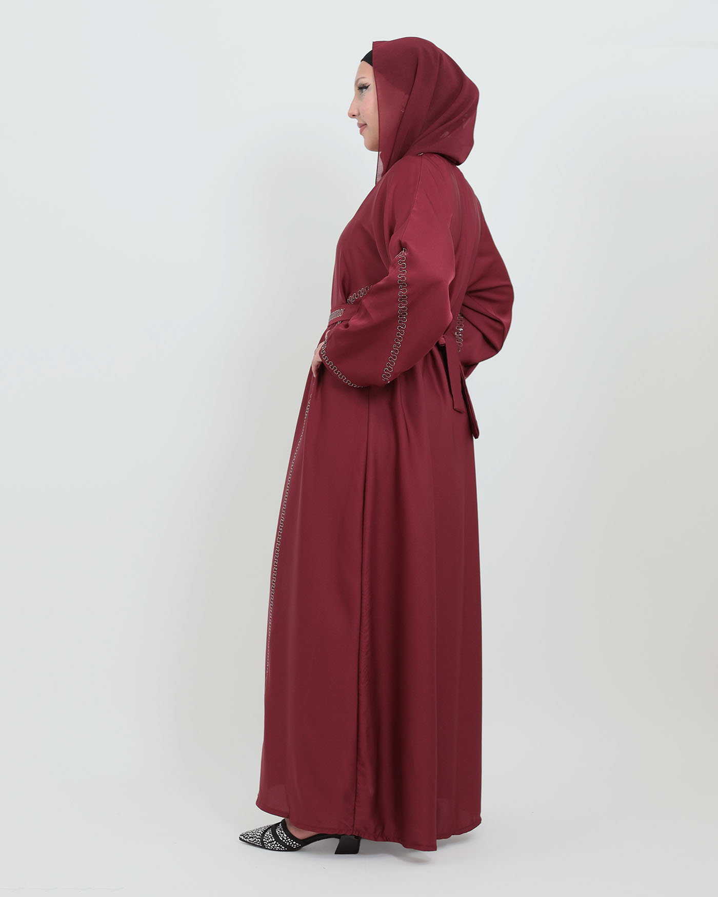 Decorated Abaya in Nida fabric with Hijab - Wine Red - 5