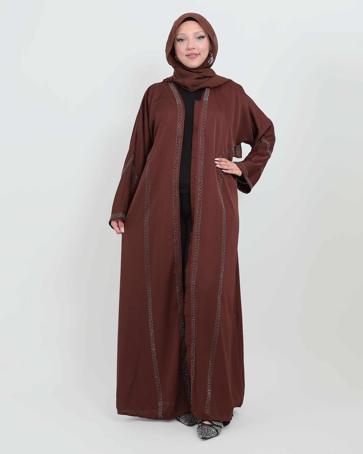 Decorated Abaya in Nida fabric with Hijab - Dark Brown - 6
