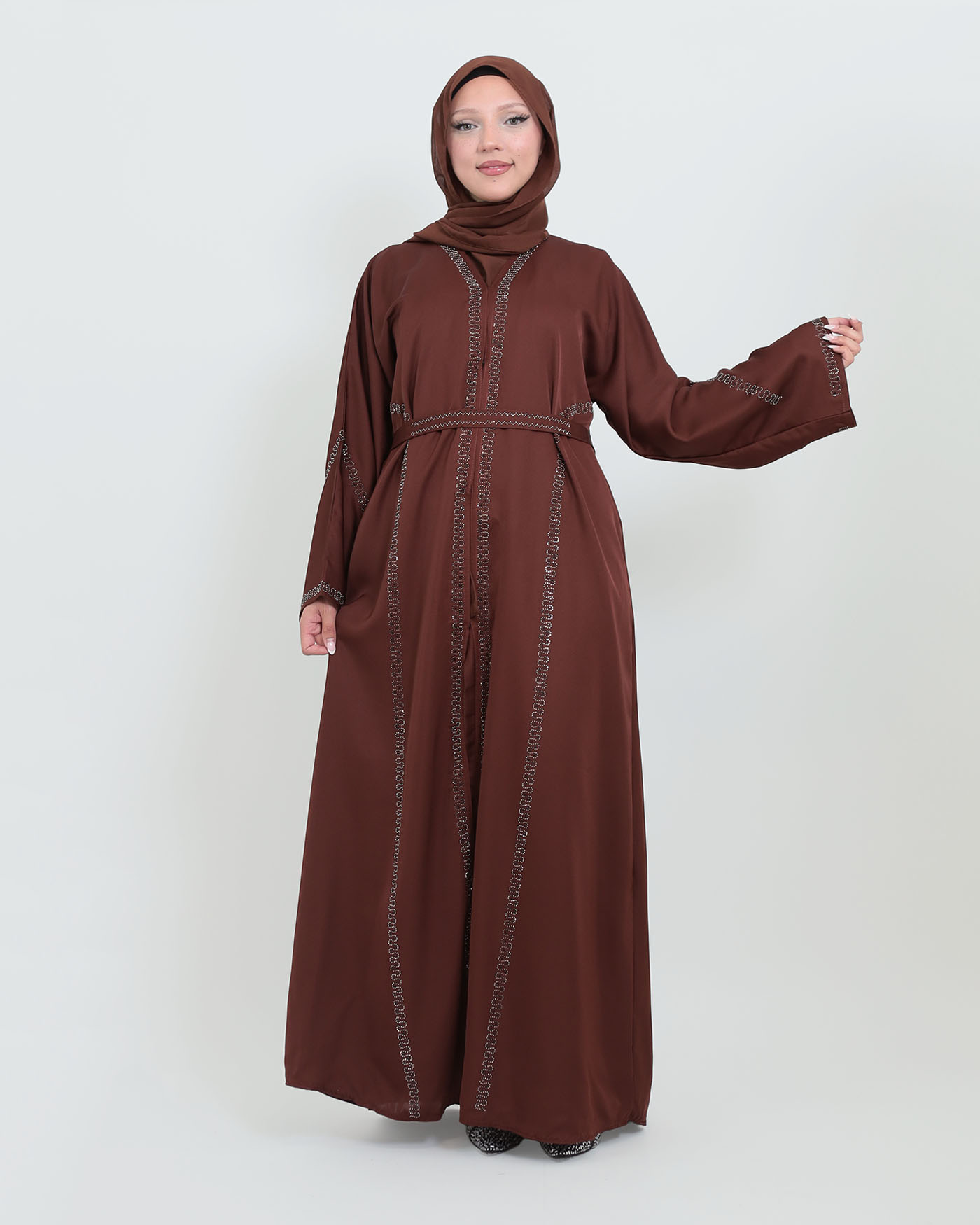 Decorated Abaya in Nida fabric with Hijab - Dark Brown - 10