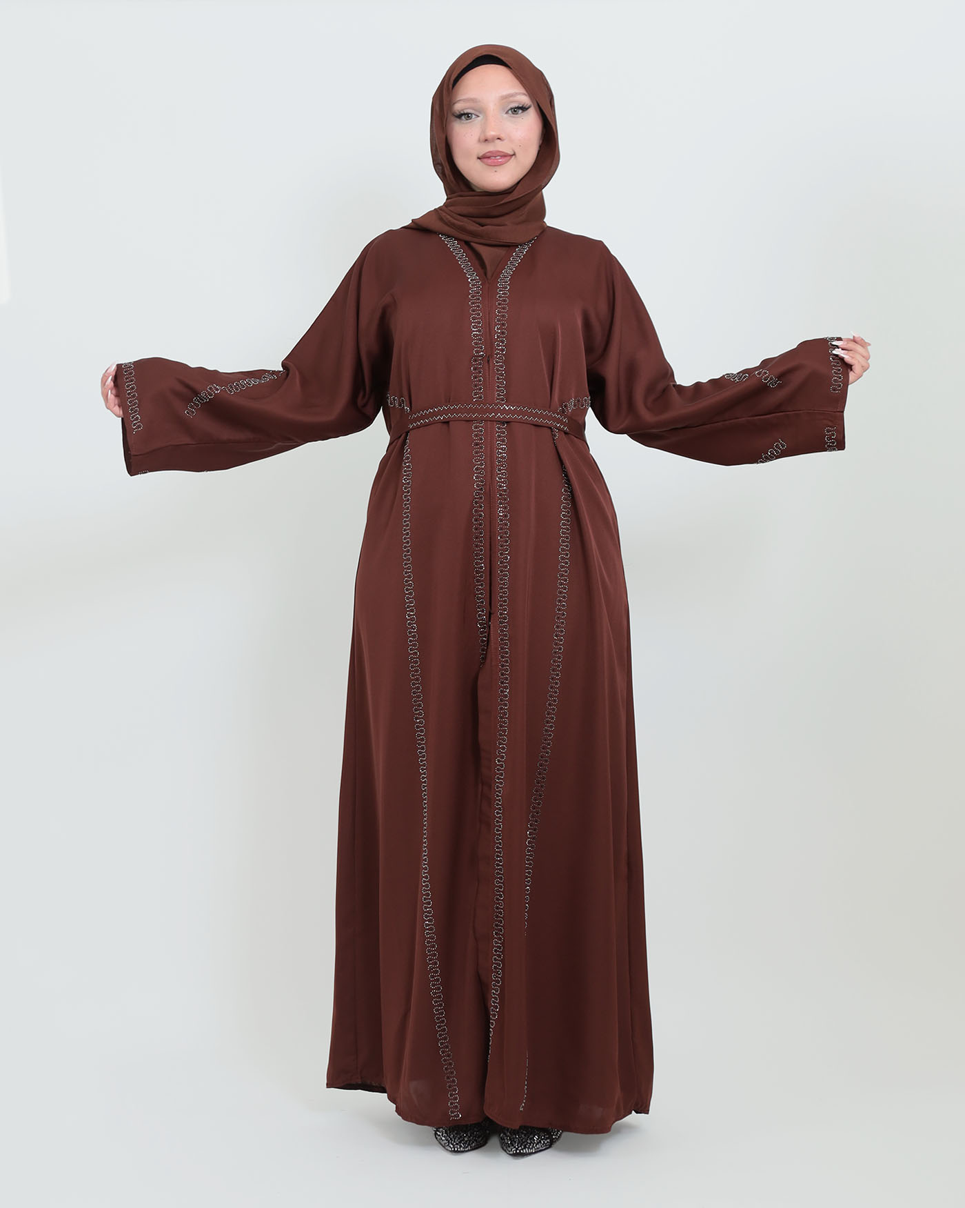 Decorated Abaya in Nida fabric with Hijab - Dark Brown - 9