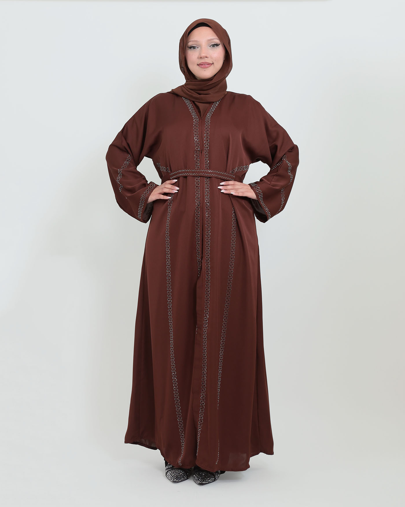 Decorated Abaya in Nida fabric with Hijab - Dark Brown - 8