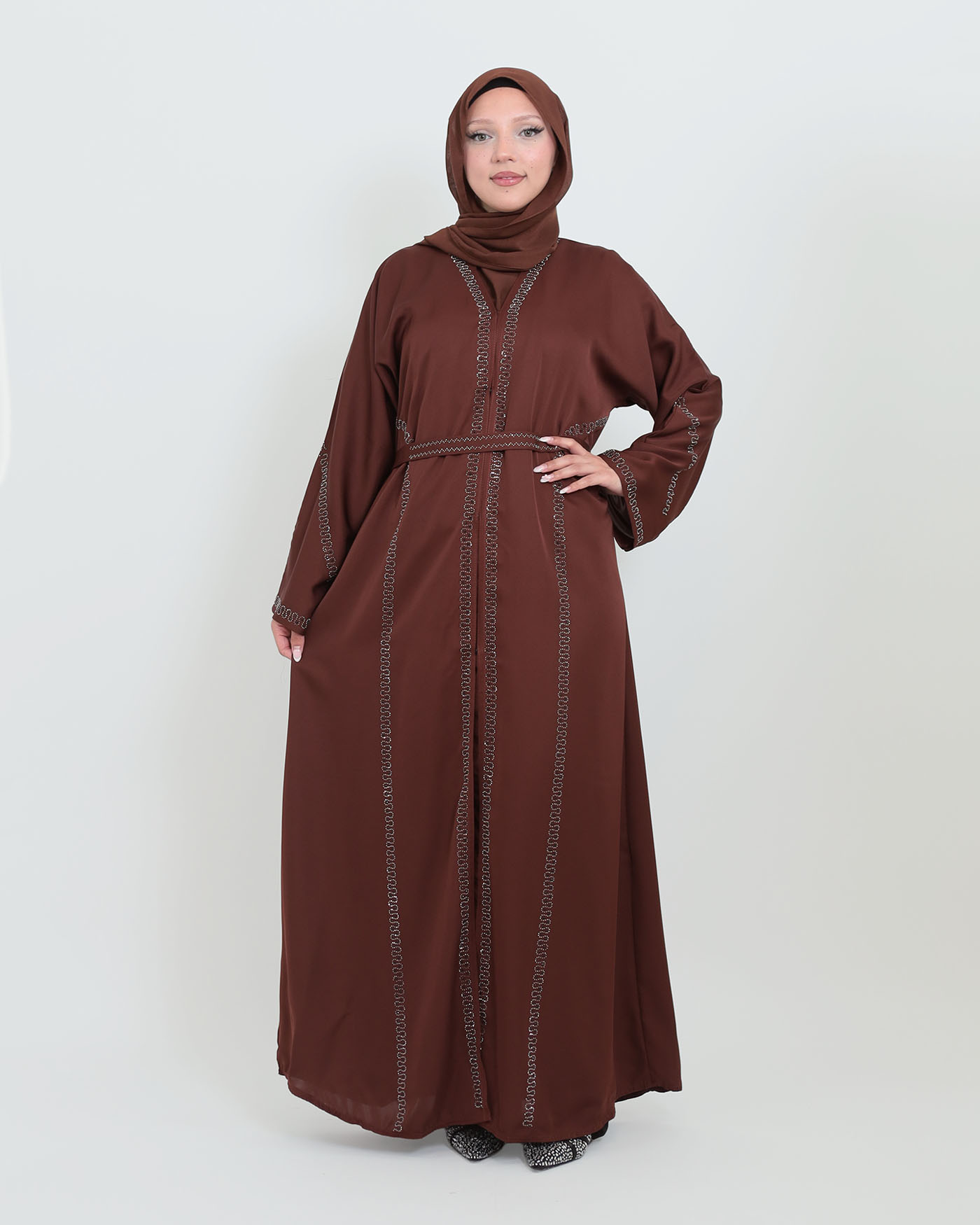 Decorated Abaya in Nida fabric with Hijab - Dark Brown - 2