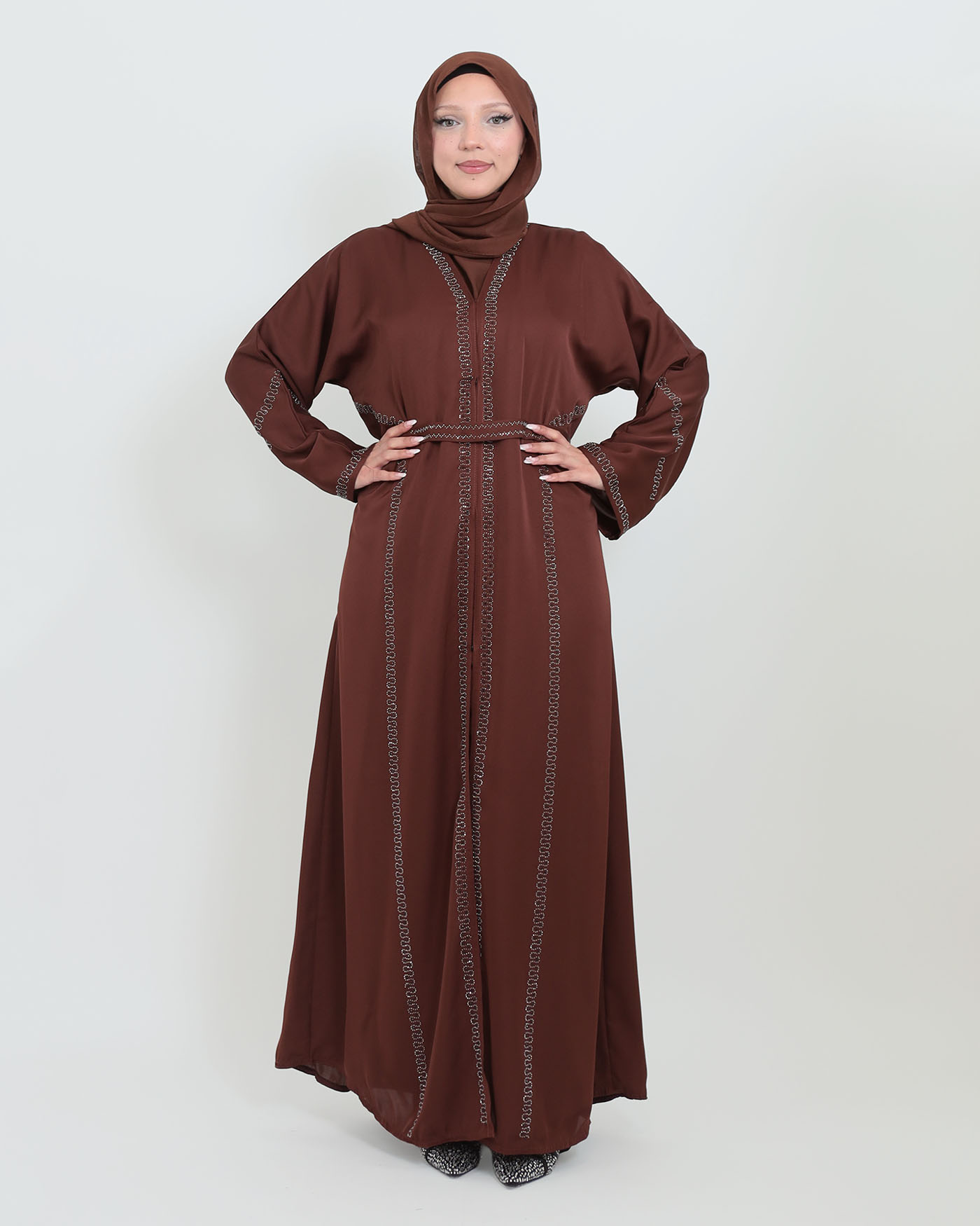 Decorated Abaya in Nida fabric with Hijab - Dark Brown