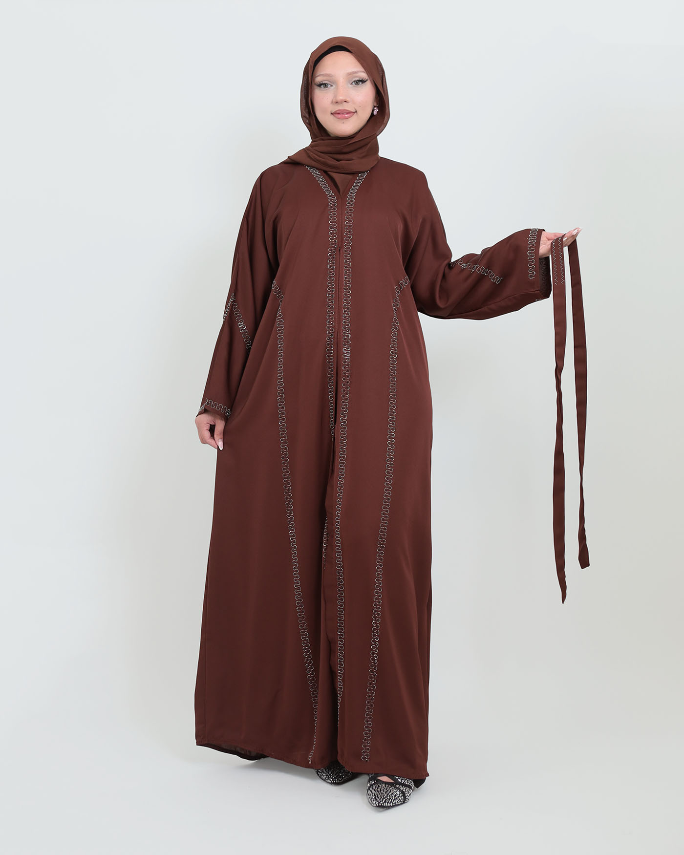 Decorated Abaya in Nida fabric with Hijab - Dark Brown - 7