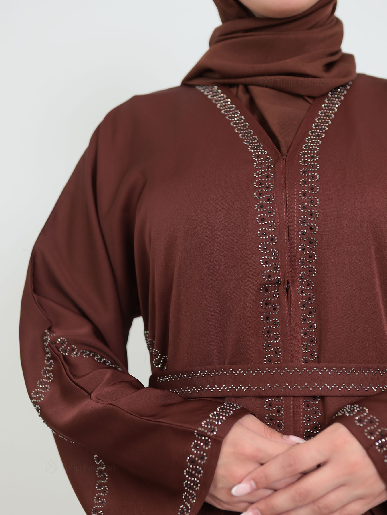 Decorated Abaya in Nida fabric with Hijab - Dark Brown - 4