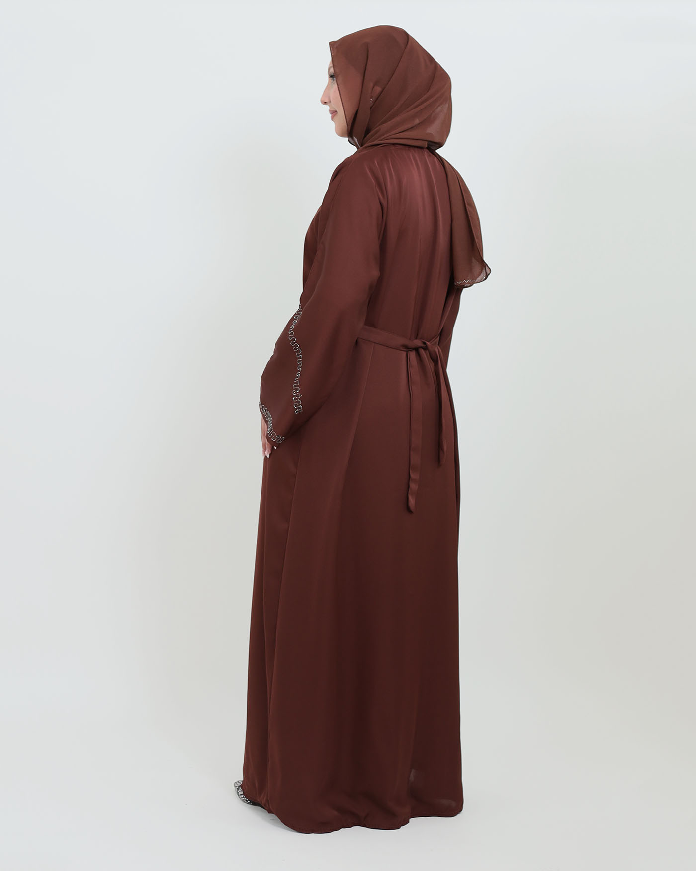 Decorated Abaya in Nida fabric with Hijab - Dark Brown - 3