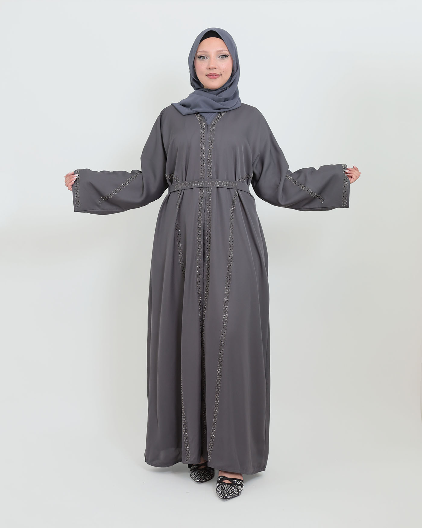 Decorated Abaya in Nida fabric with Hijab - Dark Gray - 7