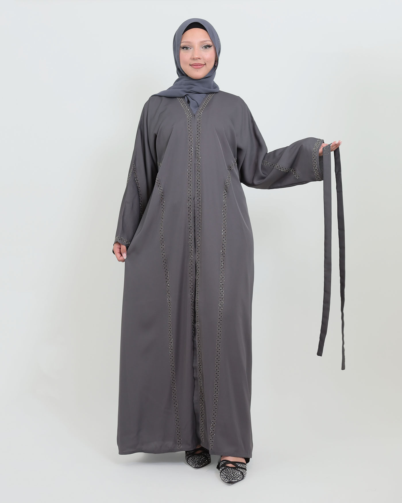 Decorated Abaya in Nida fabric with Hijab - Dark Gray - 6