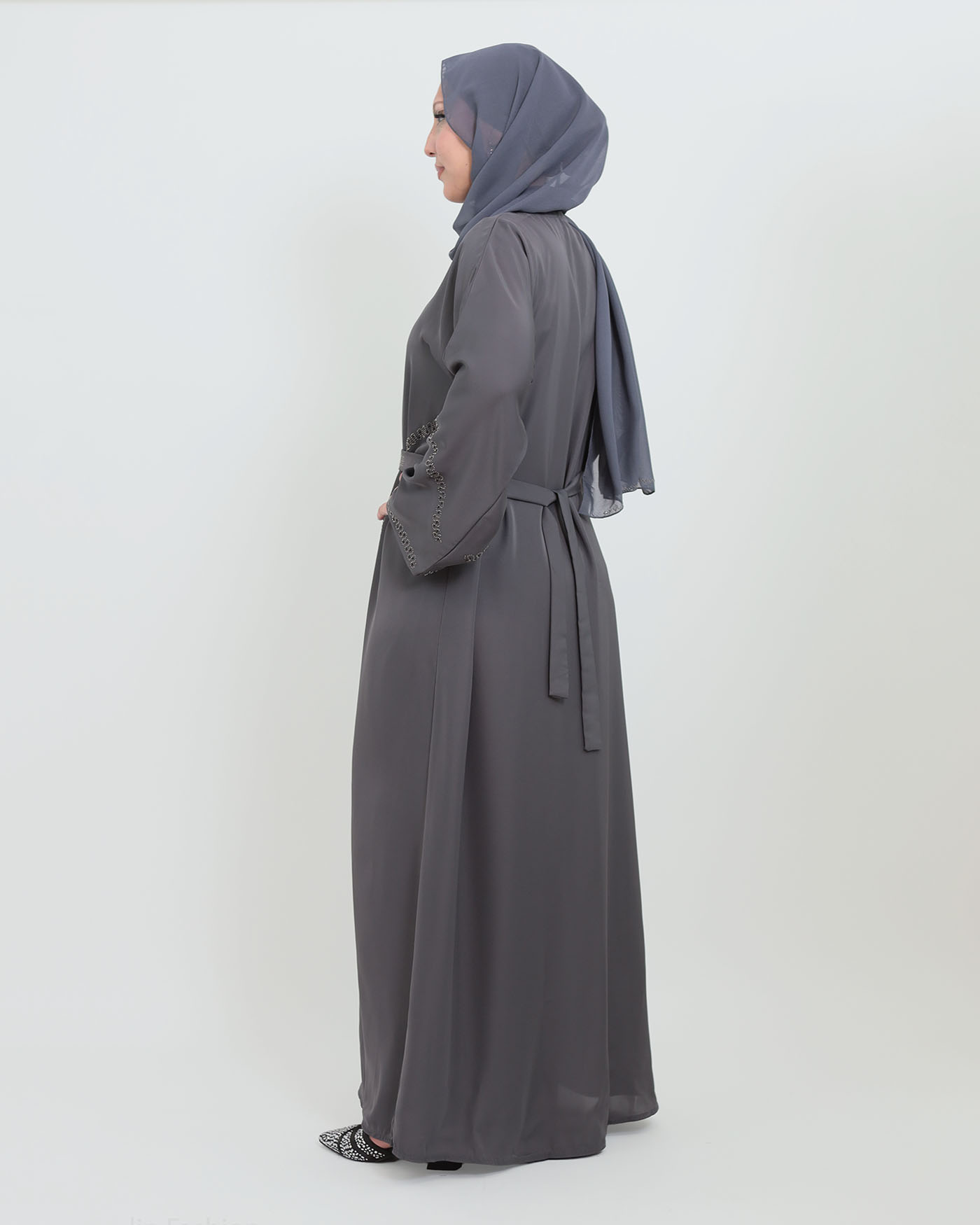 Decorated Abaya in Nida fabric with Hijab - Dark Gray - 3
