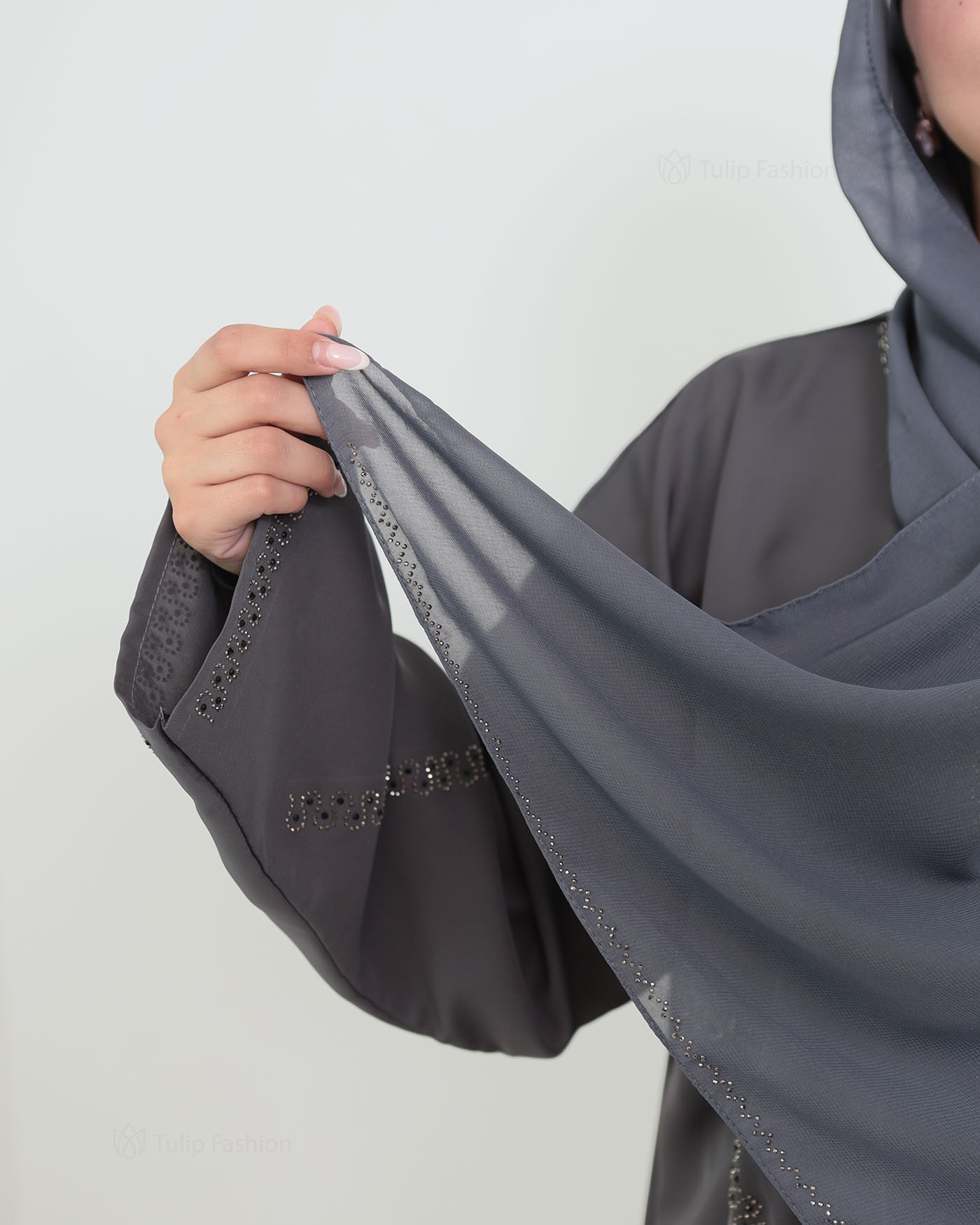 Decorated Abaya in Nida fabric with Hijab - Dark Gray - 4
