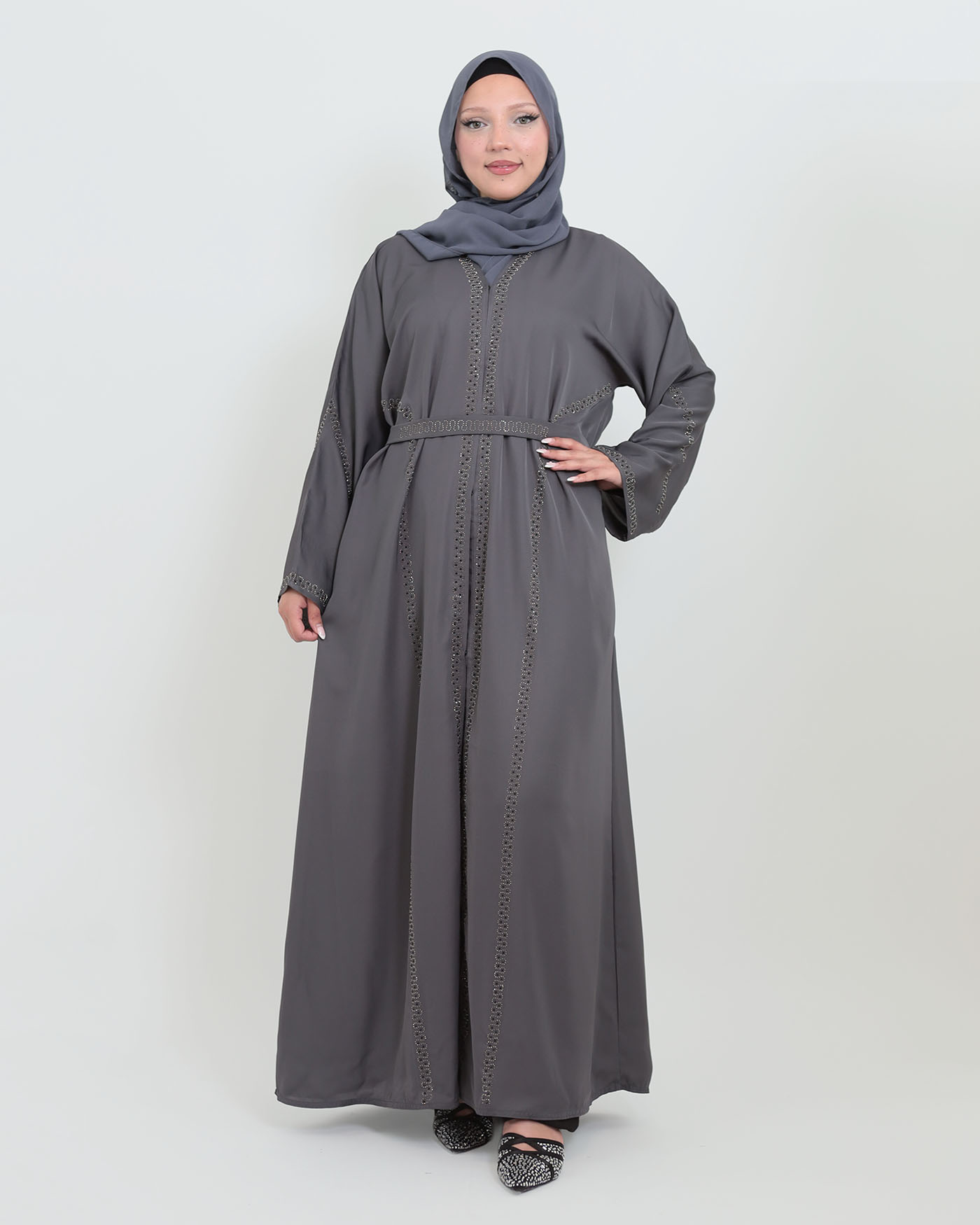 Decorated Abaya in Nida fabric with Hijab - Dark Gray