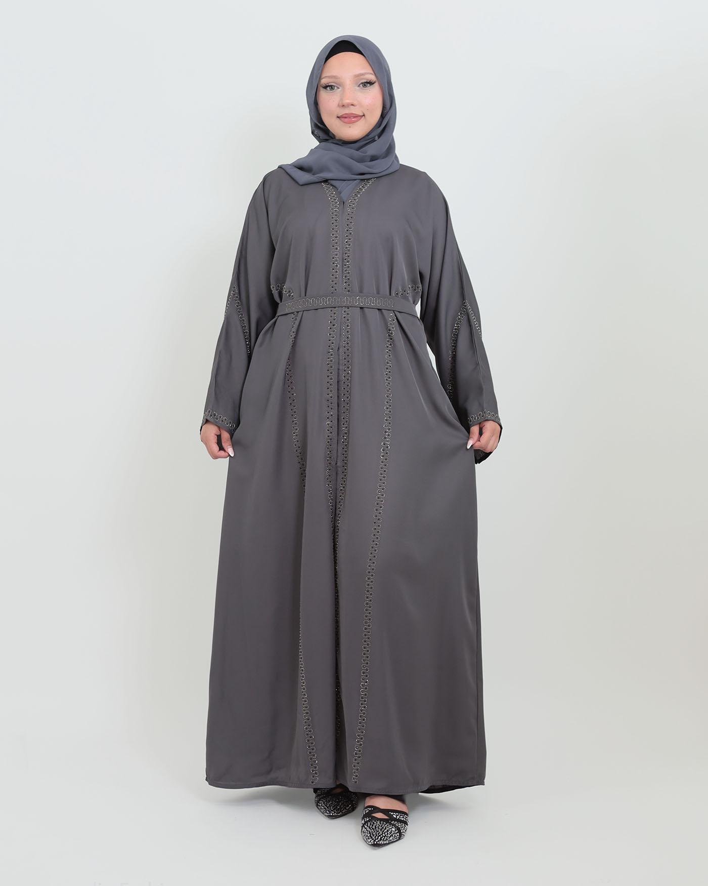 Decorated Abaya in Nida fabric with Hijab - Dark Gray - 8