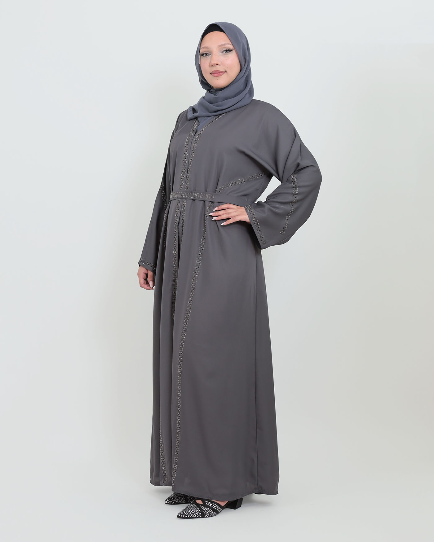 Decorated Abaya in Nida fabric with Hijab - Dark Gray - 2