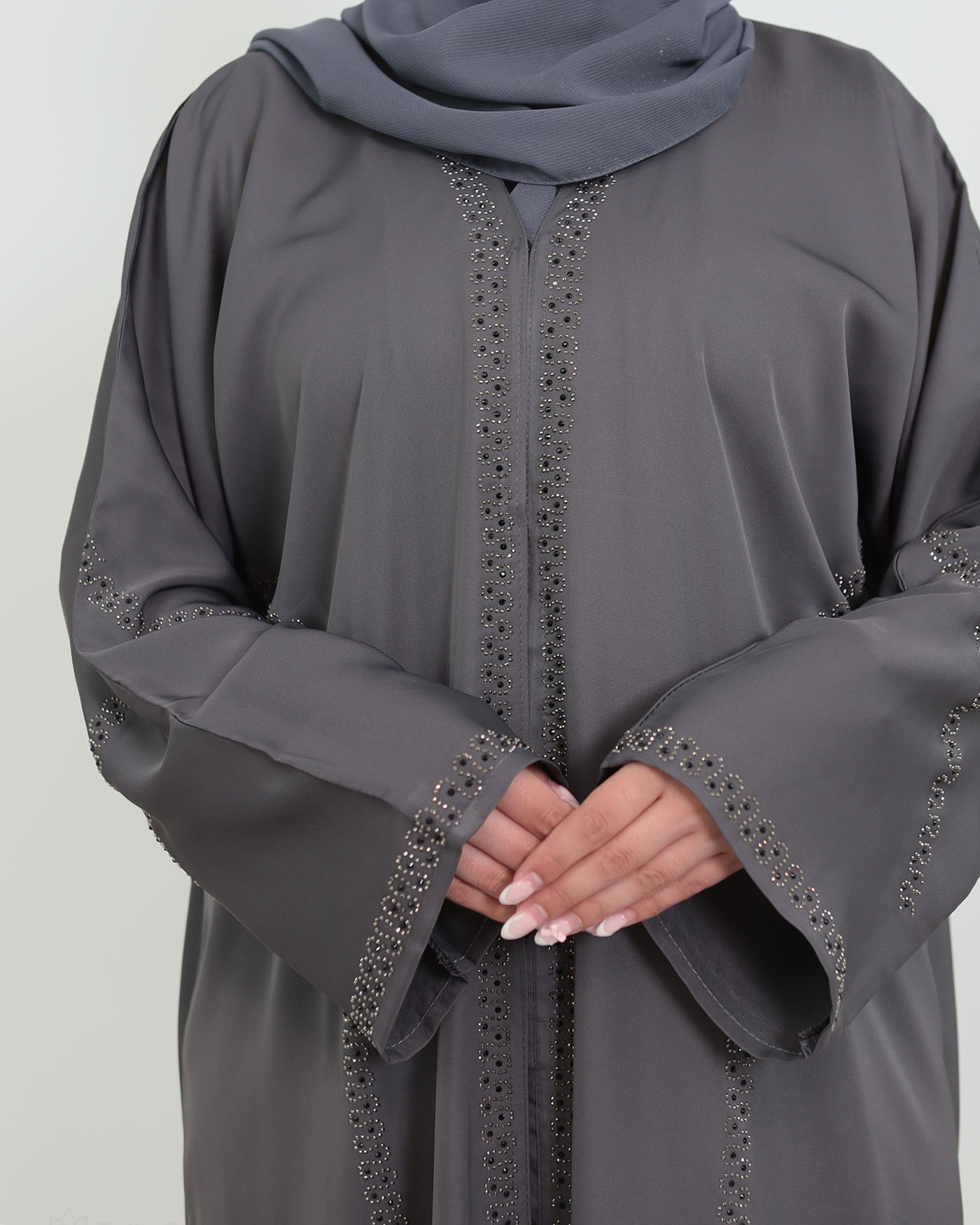 Decorated Abaya in Nida fabric with Hijab - Dark Gray - 5
