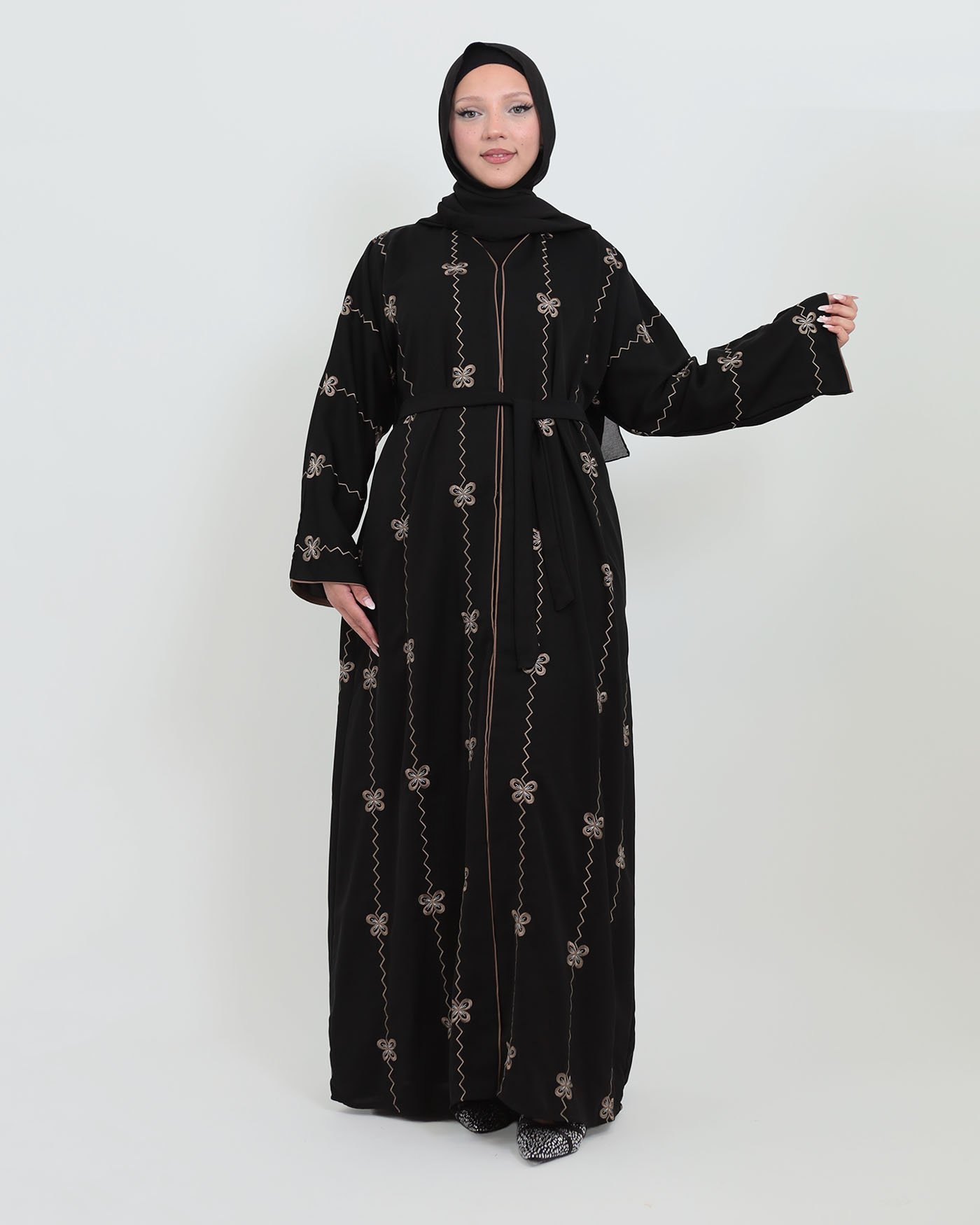 Decorated Abaya in Nida fabric with Hijab - Black - 5